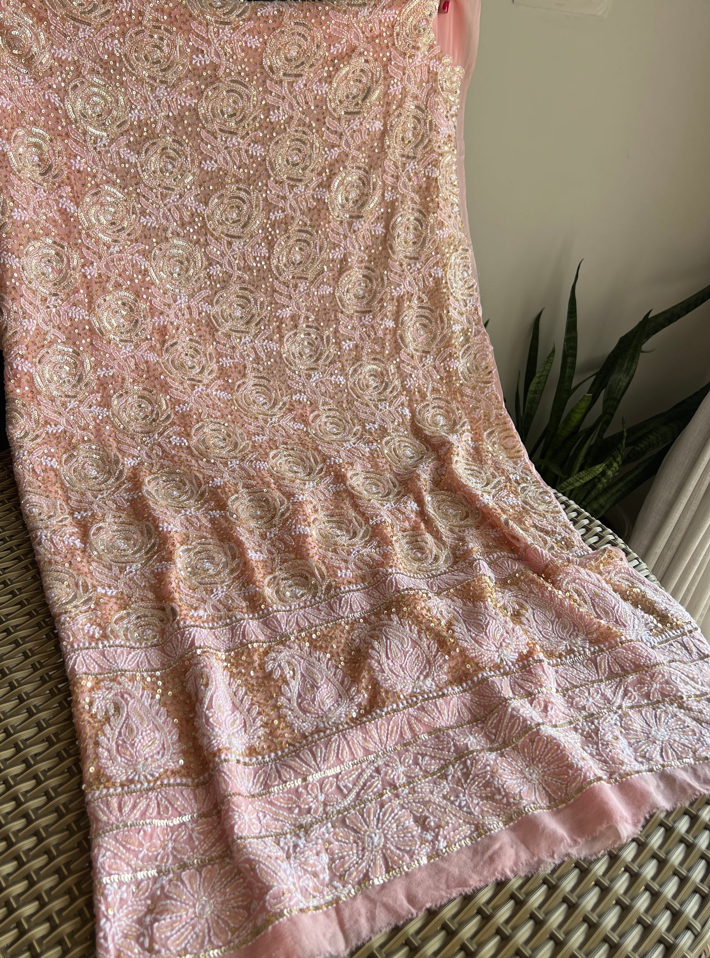 Ruhani Blush peach Chikankari golden cut dana sequins kurta and dupatta