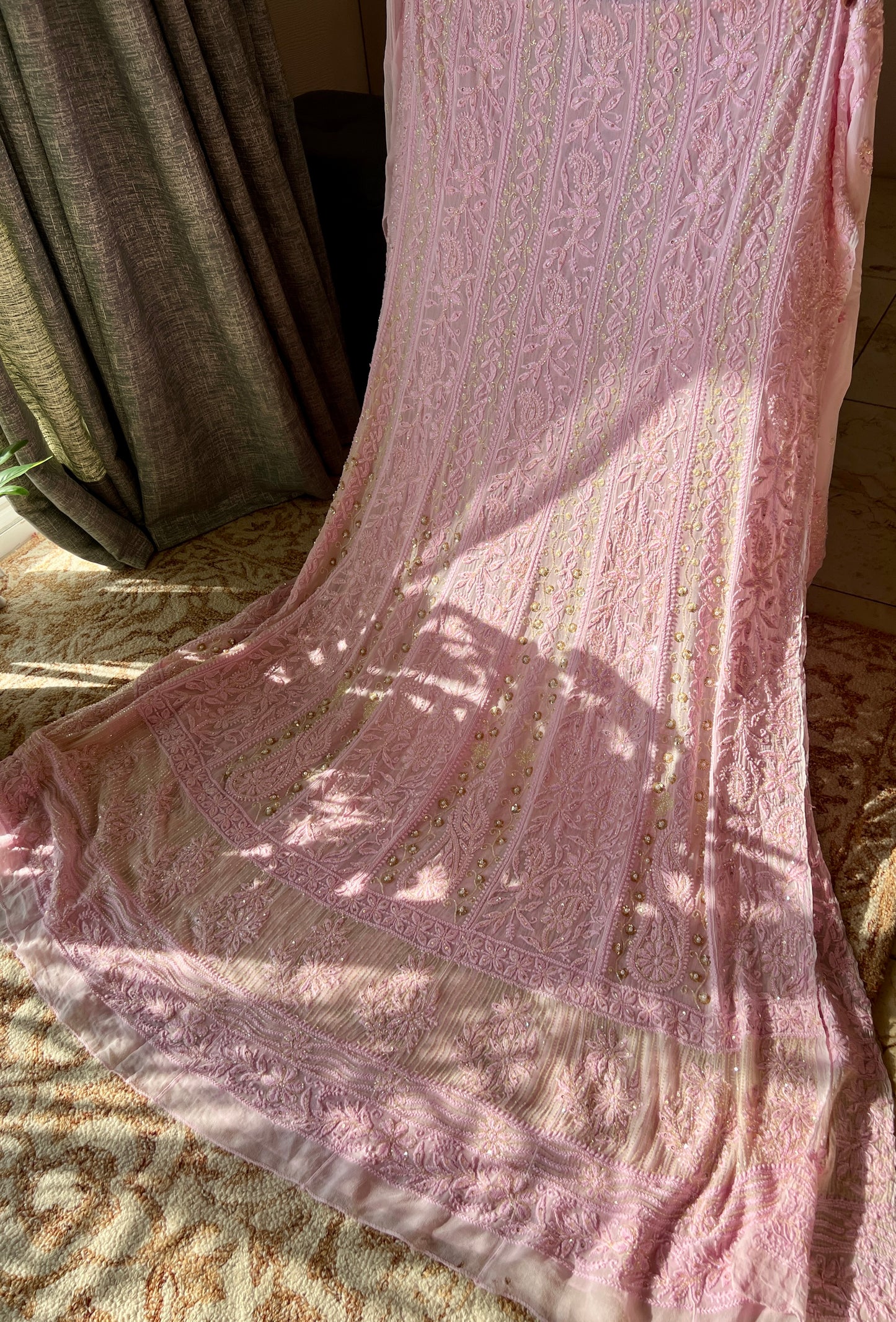 Pretty pink Chikankari Sequins Cut Dana pearl Anarkali