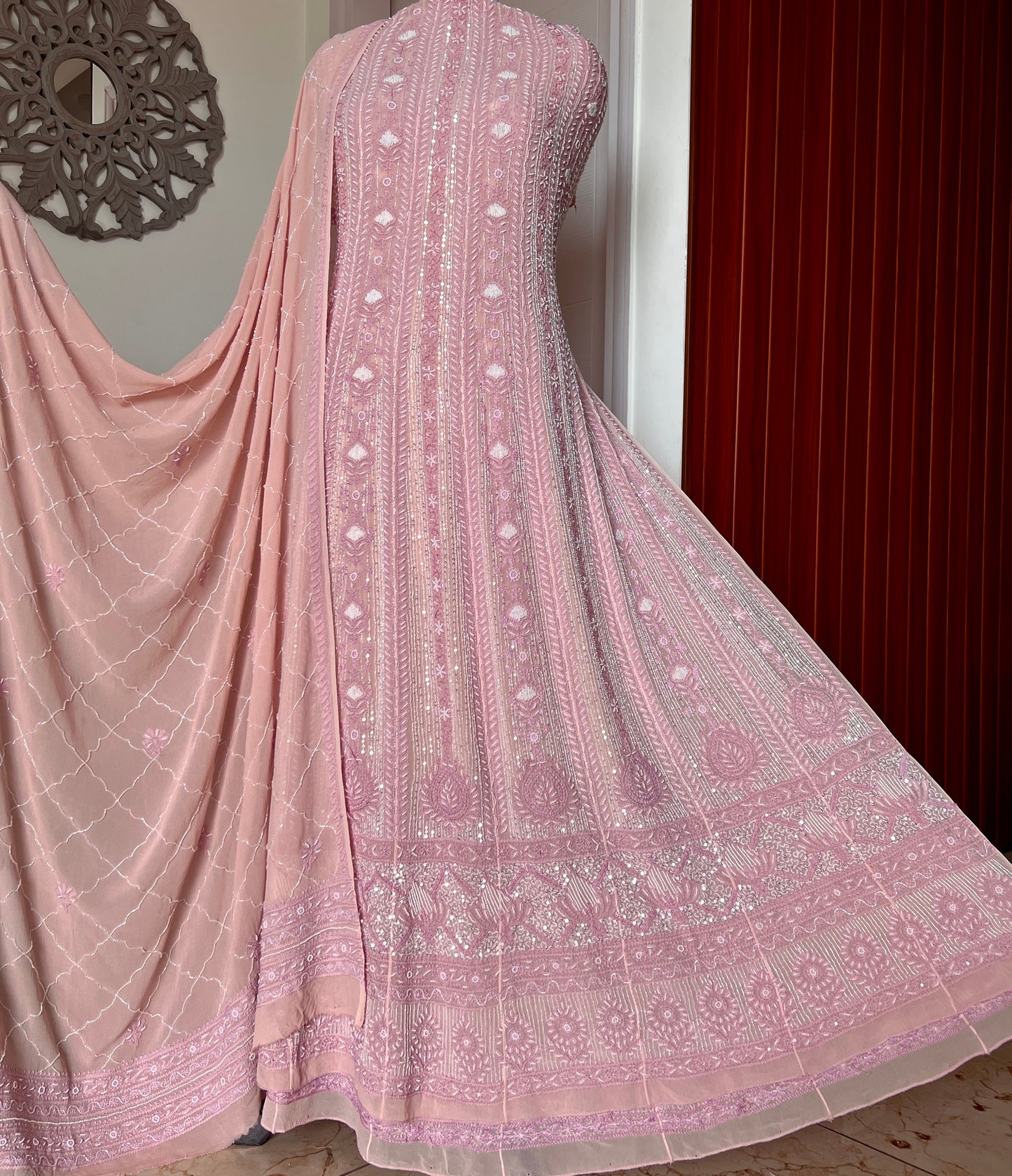 Ruhani Dusty Rose Chikankari sequins and pearl work Anarkali