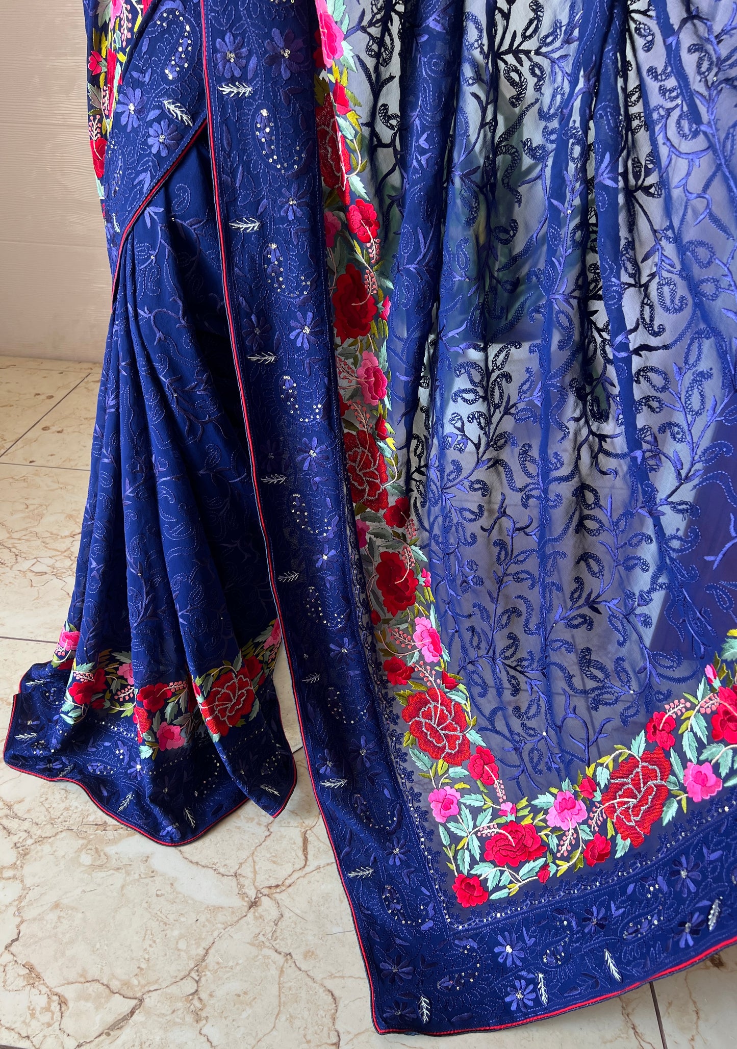Navy Blue Pure Georgette saree with allover Parsi gara and french knot hand embroidery
