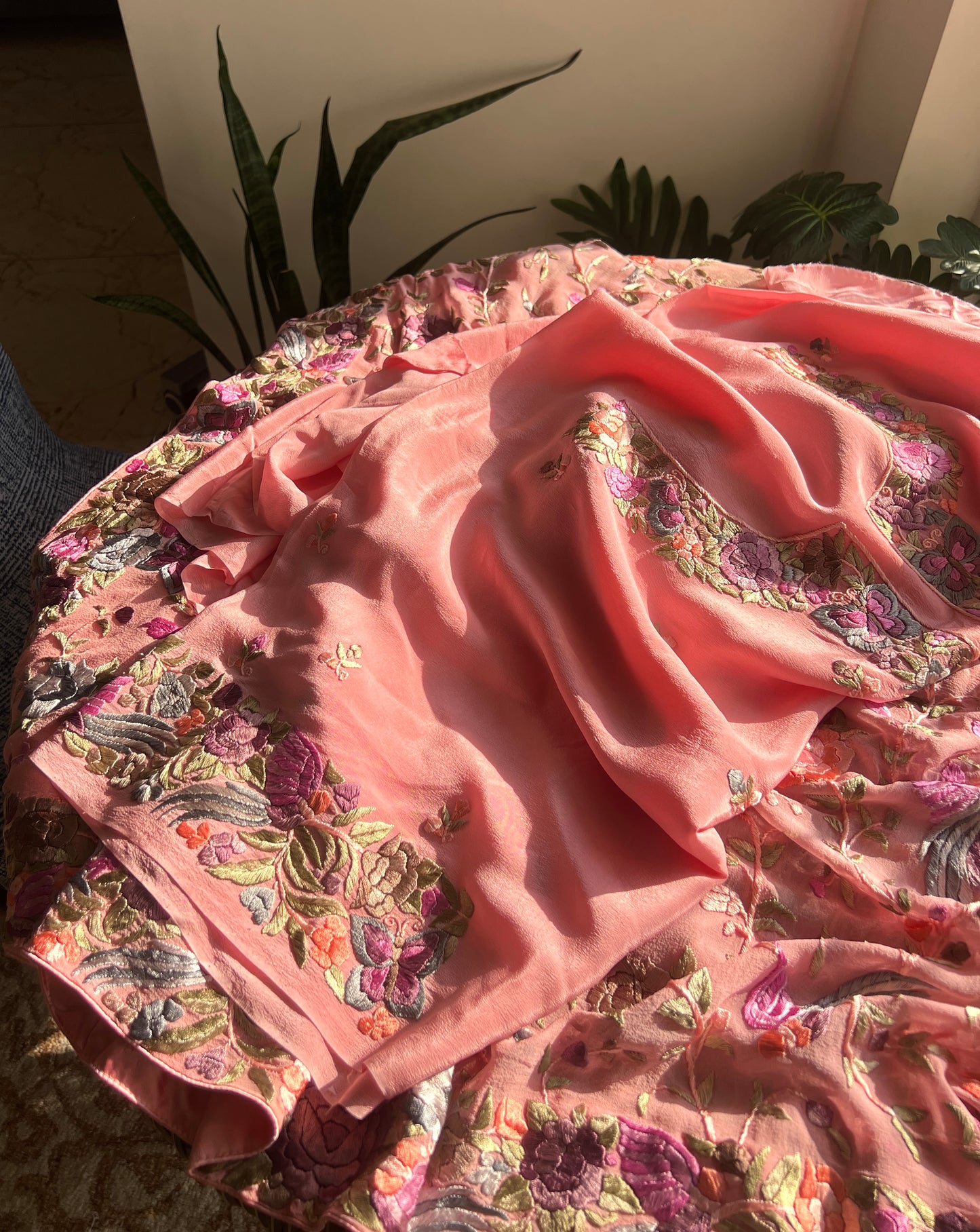 Coral Pink Hand Embroidered Parsi Gara full suit