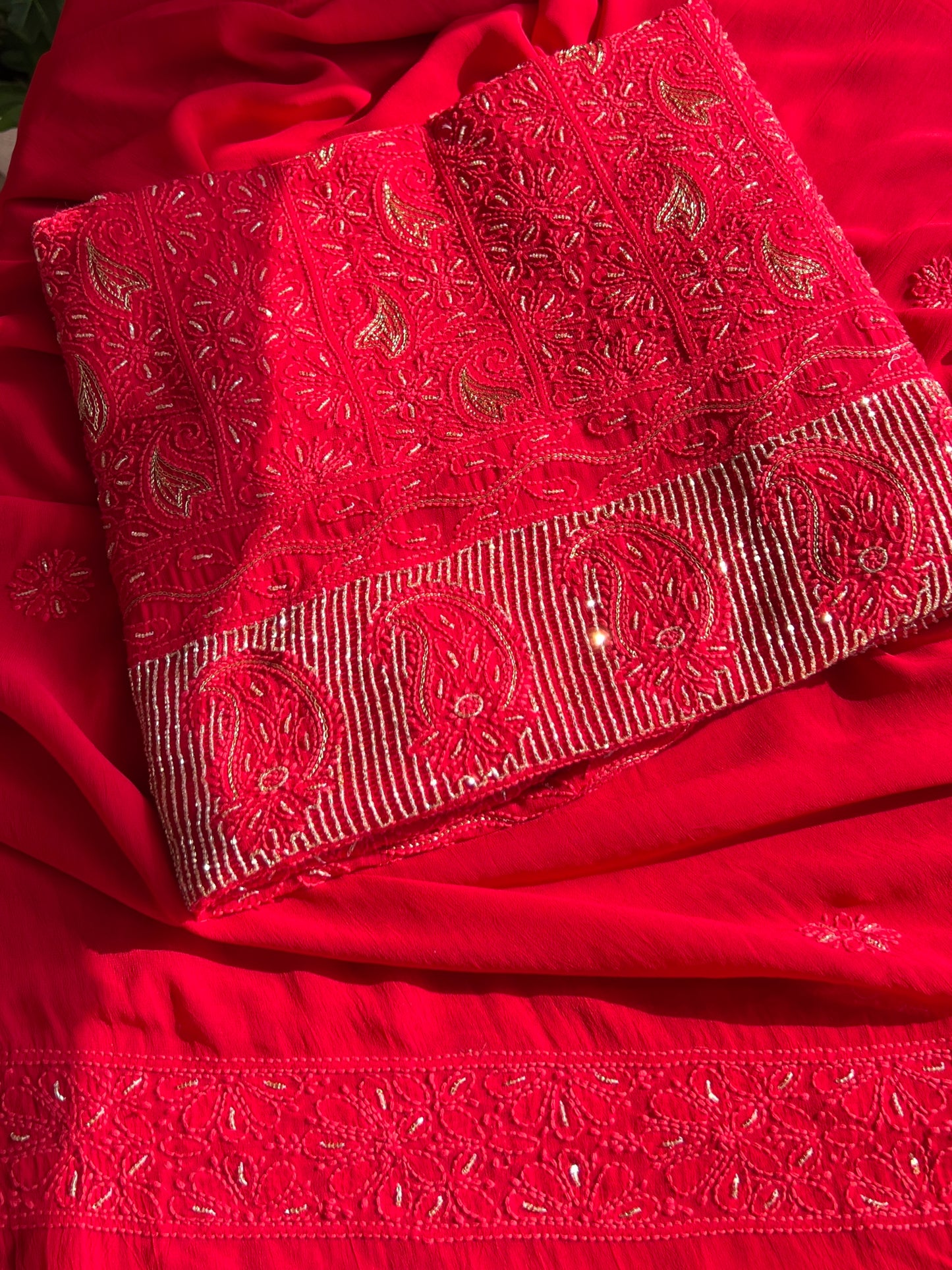 Red Chikankari golden Cut Dana and aari work Kurta and Dupatta