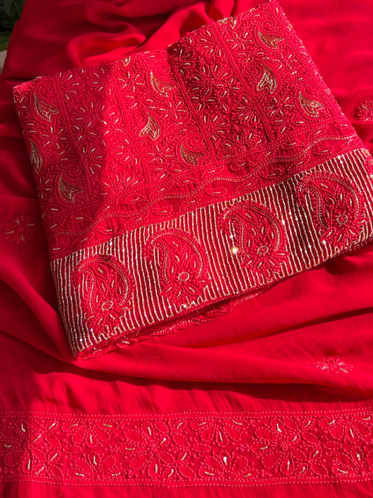 Red Chikankari golden Cut Dana and aari work Kurta and Dupatta