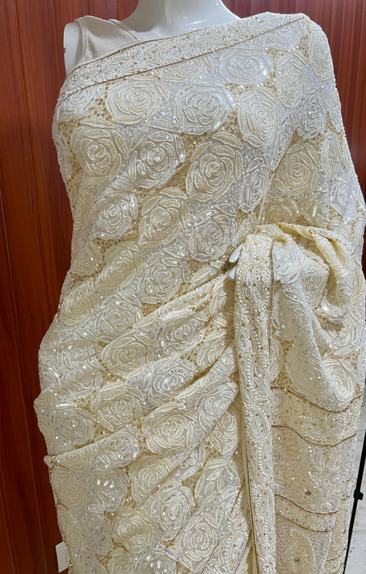 Ruhani Ivory Chikankari Sequins Cut Dana Embroidered Masterpiece Saree