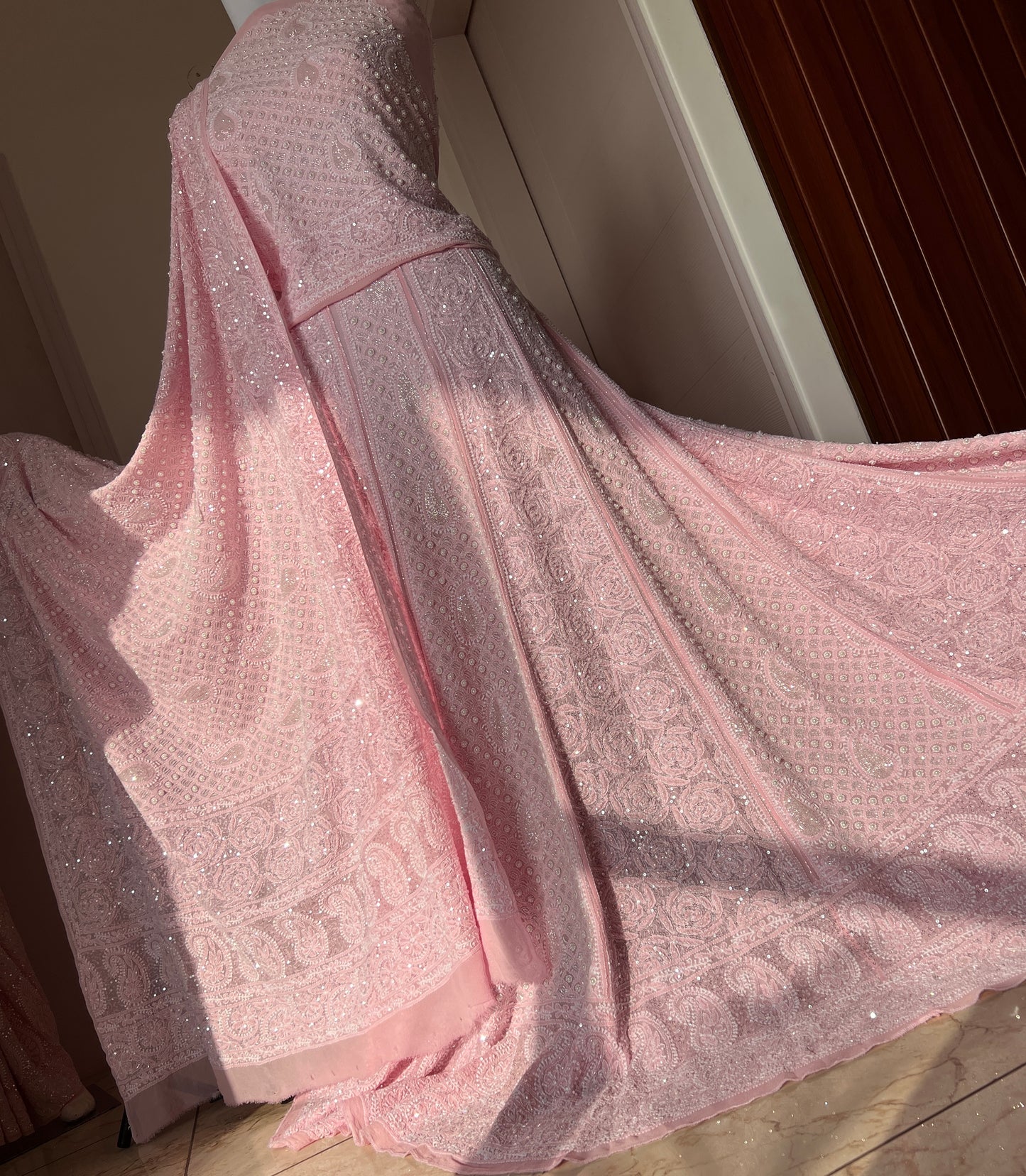 Ruhani Pink Chikankari Pearl Cut Dana Sequins Wedding Lehenga