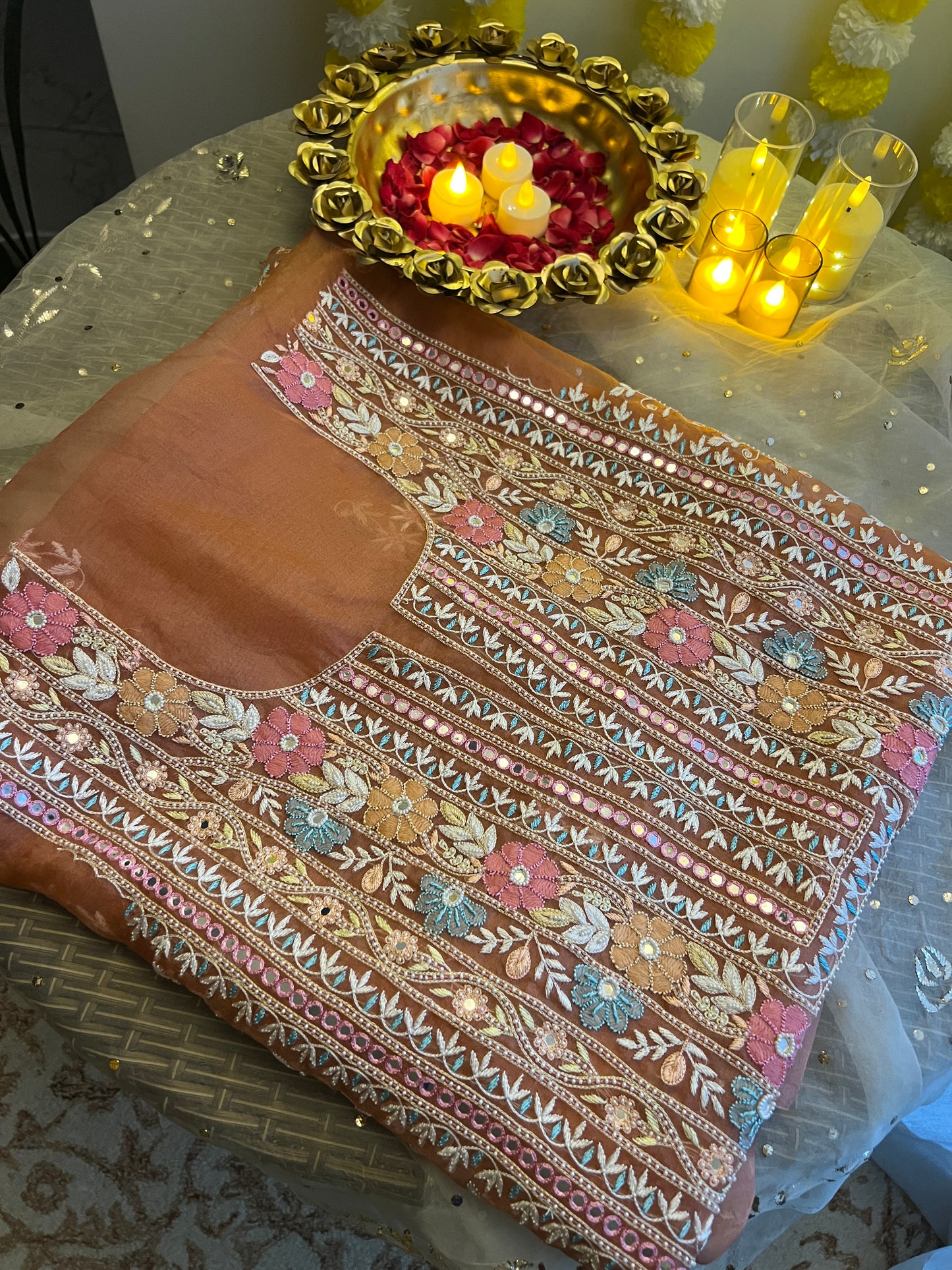 Ruhani Rusty Rose fine Chikankari pure Organza kurta with dupatta