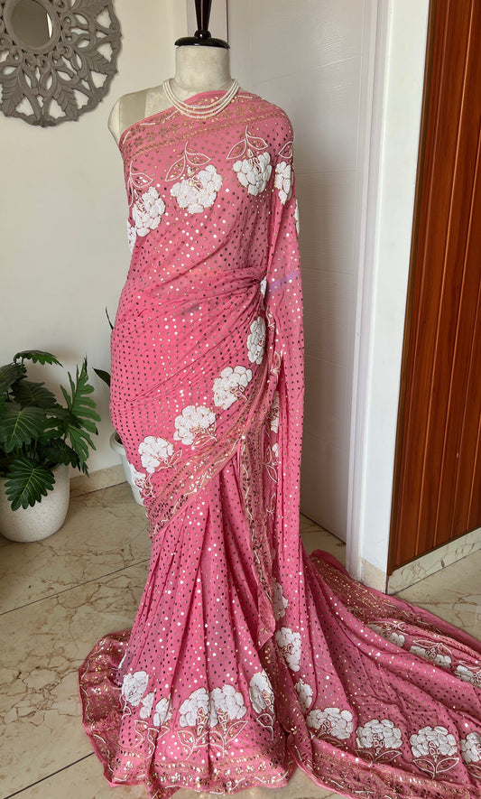 Rose Pink Ruhani Allover Heavy Badla Pearl Mukaish and Aari Embroidered Saree