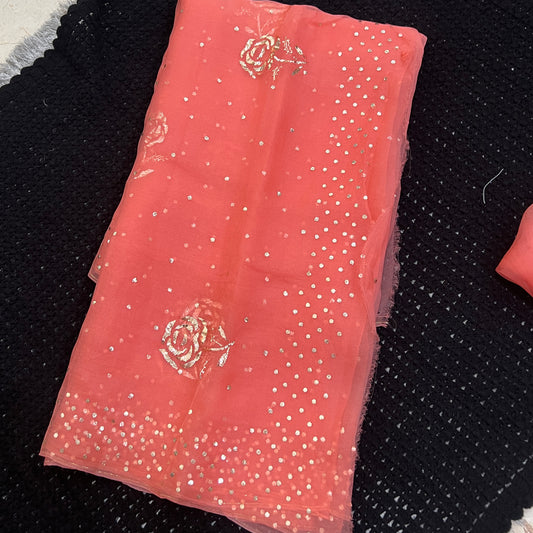 Coral Orange Pure Organza Saree with Badla and Mukaish Work