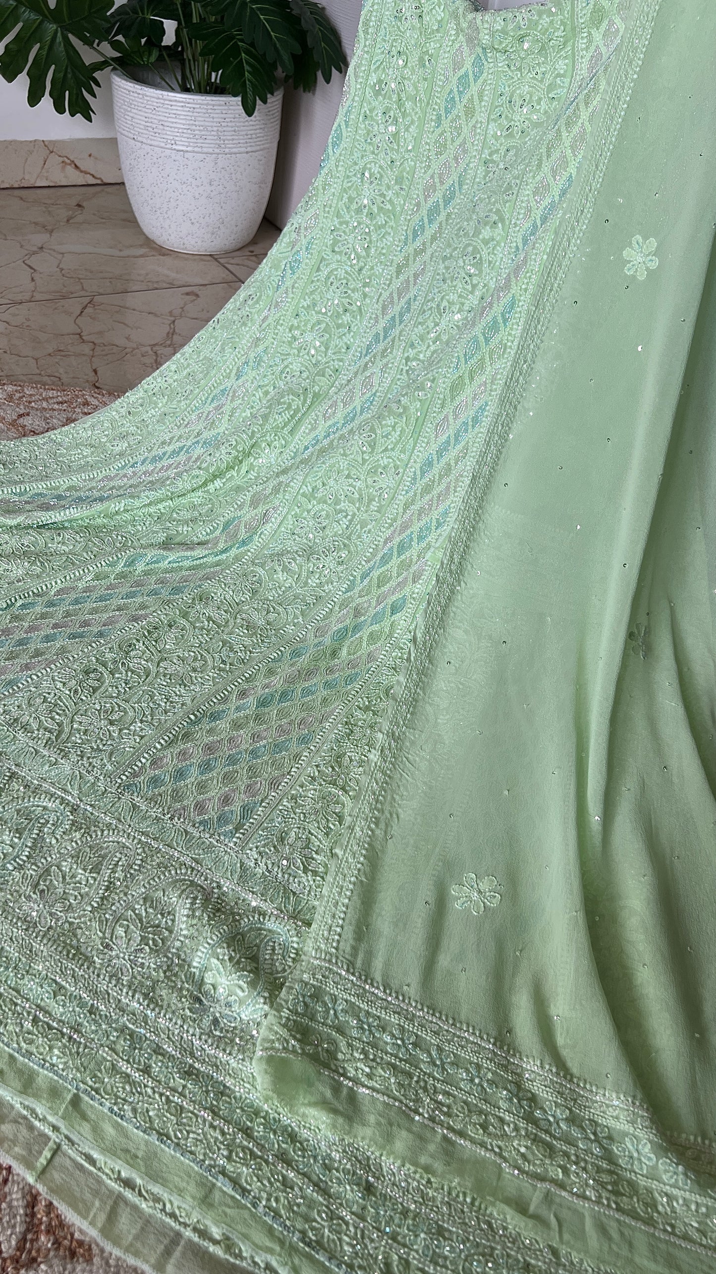 Bright Pista Green Chikankari multi hued Cut Dana and Sequins Anarkali