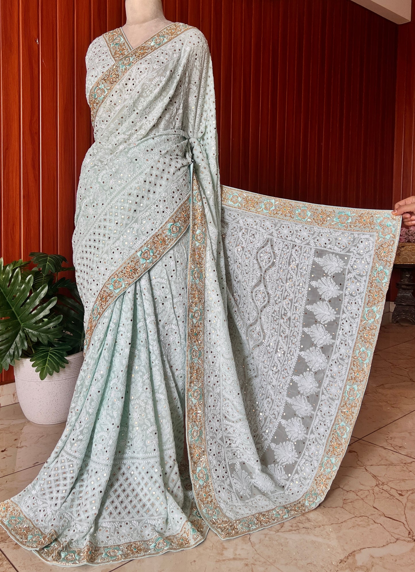 Ruhani Firozi Chikankari and Mukaish Saree with designer border
