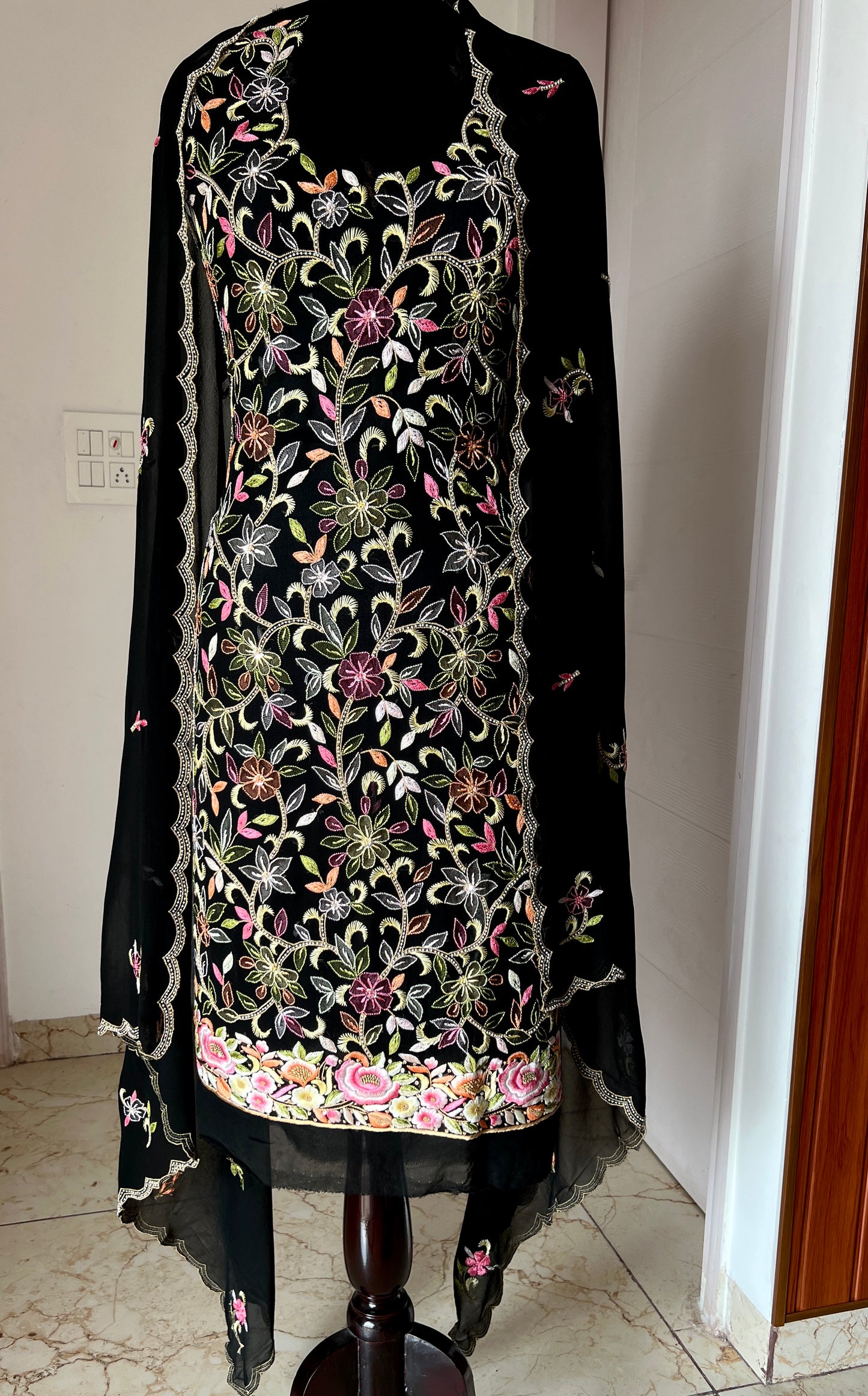 Black Resham Chikankari Parsi Gara and pearl work suit