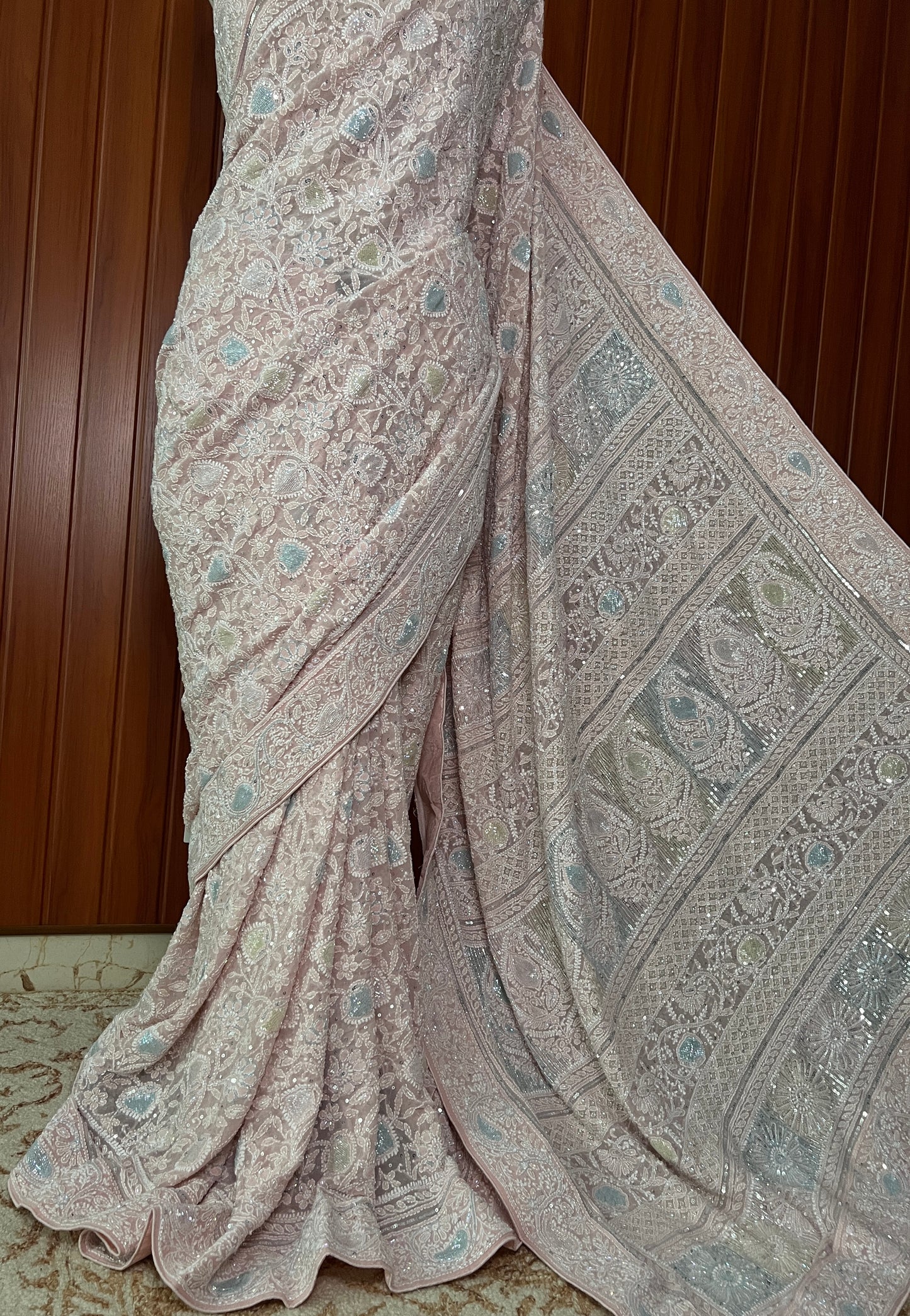 Ruhani Light Pink Chikankari Multi Cut Dana and Sequins Saree