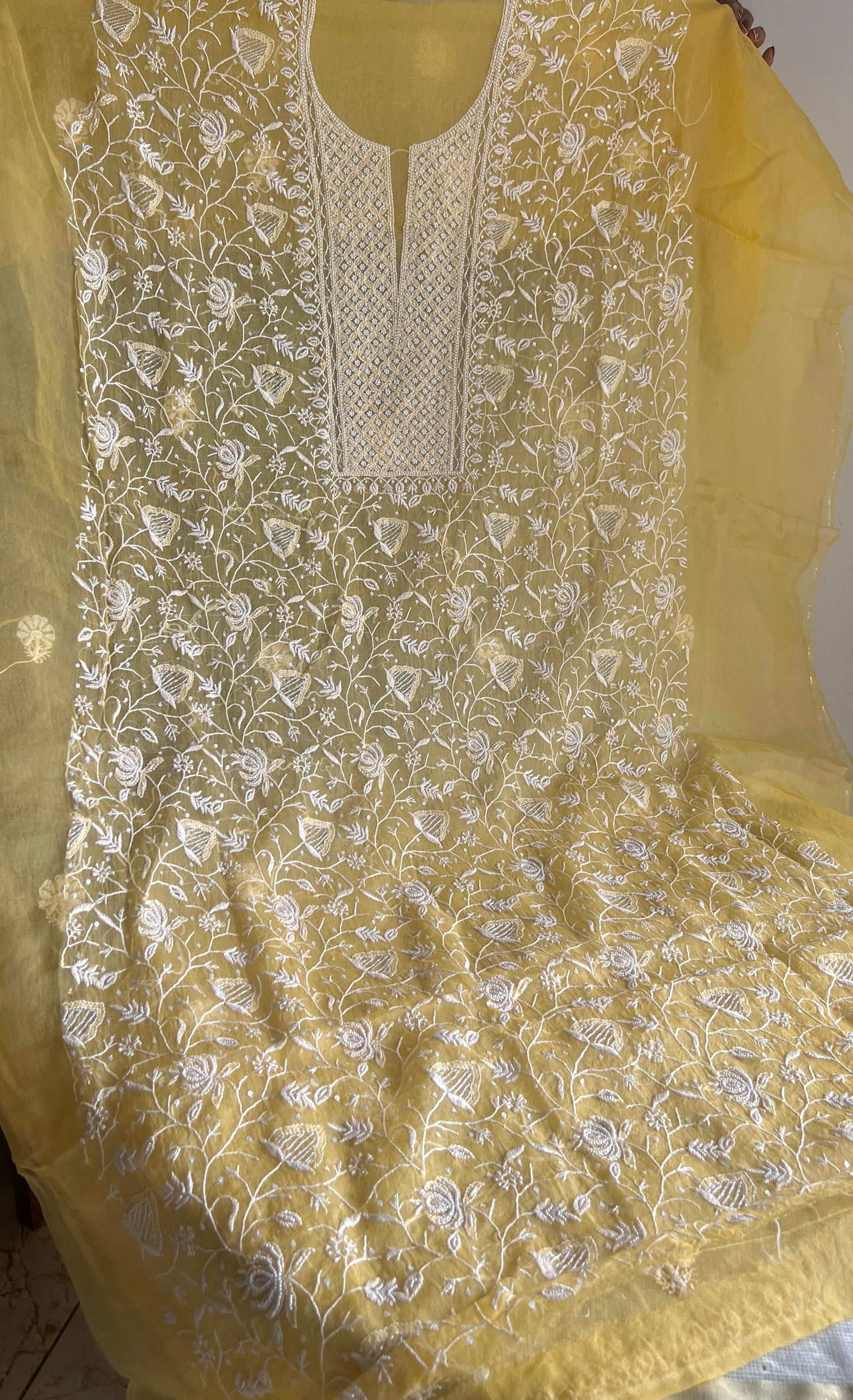 Yellow chikankari pearl cut Dana work pure Organza kurta with dupatta