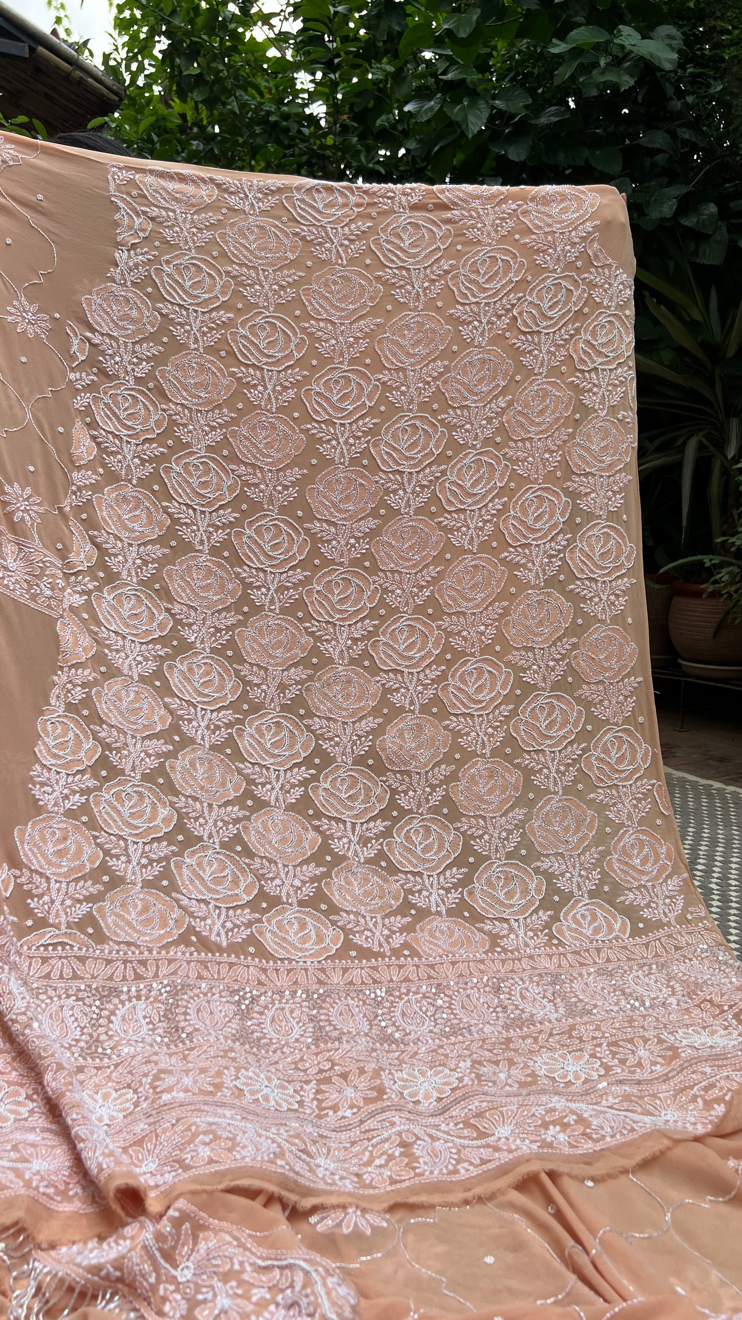 Light Orange Chikankari cut dana pearl sequins work kurta and dupatta