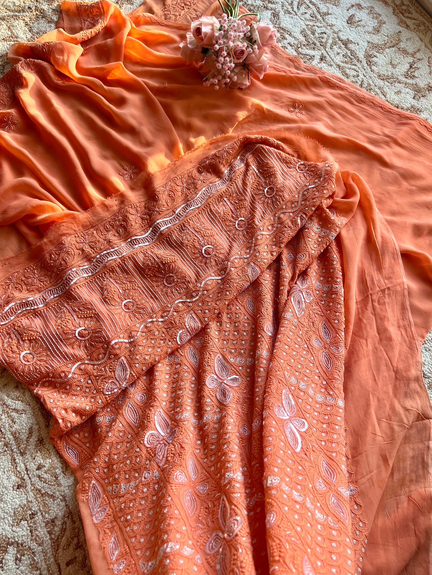 Orange Chikankari Cut Dana and sequins work Kurta and Dupatta