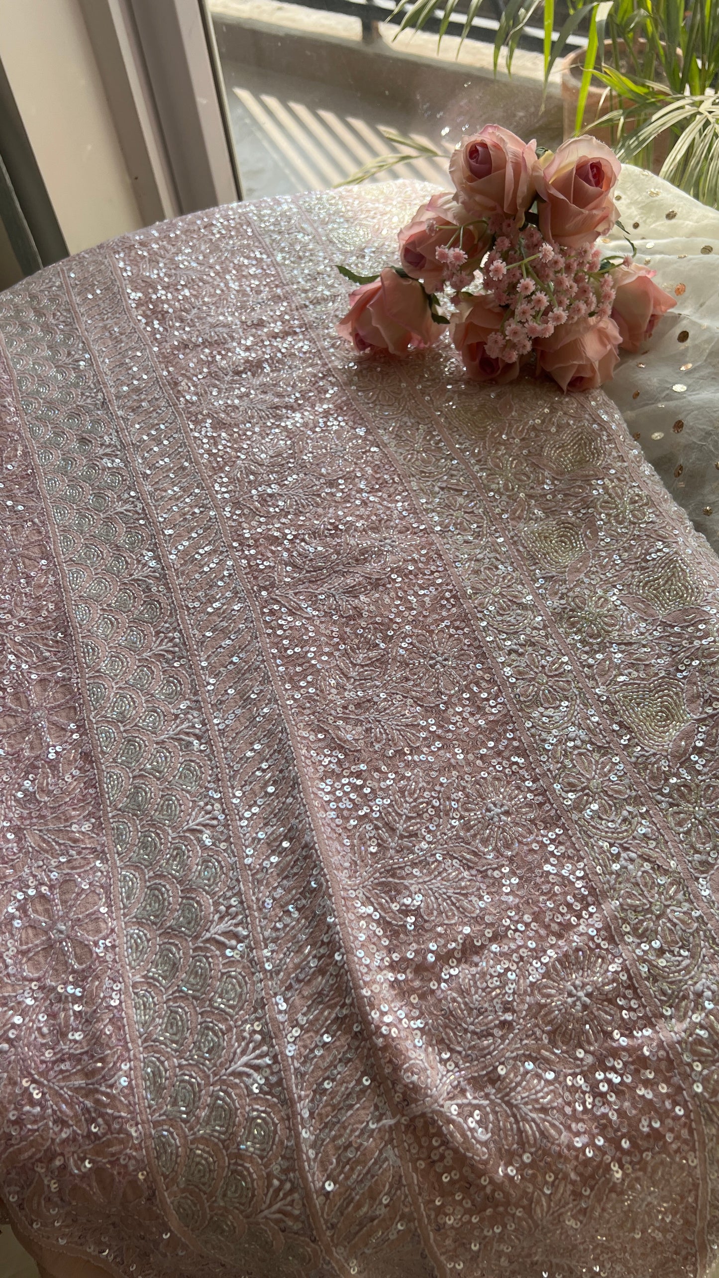 Ruhani Blush Pink Chikankari Multi Cut Dana and Sequins Saree