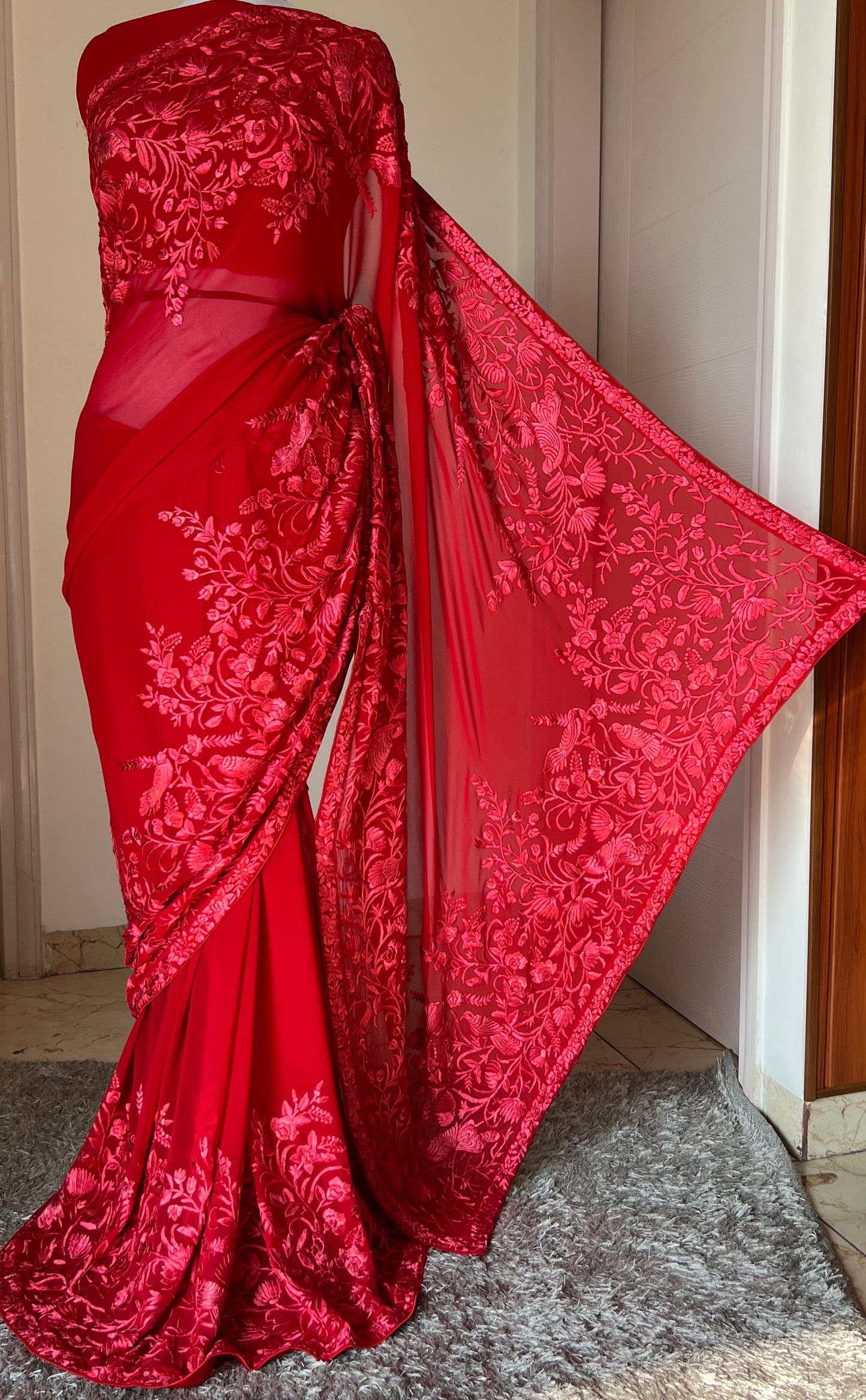 Roja Red pure georgette saree with parsi gara hand embroidery