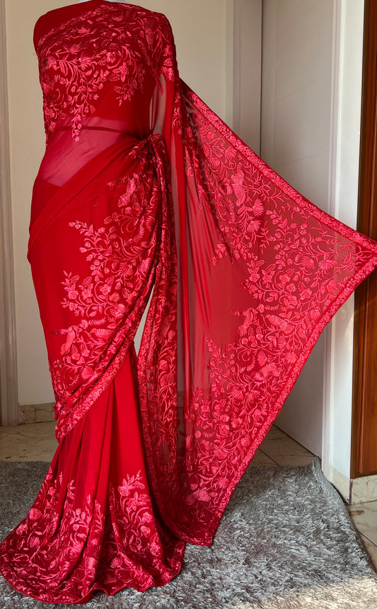 Roja Red pure georgette saree with parsi gara hand embroidery