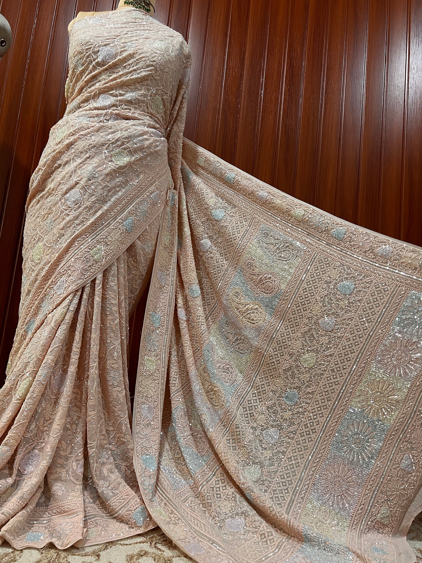 Ruhani Dusty peach Chikankari Multi Cut Dana and Sequins Saree