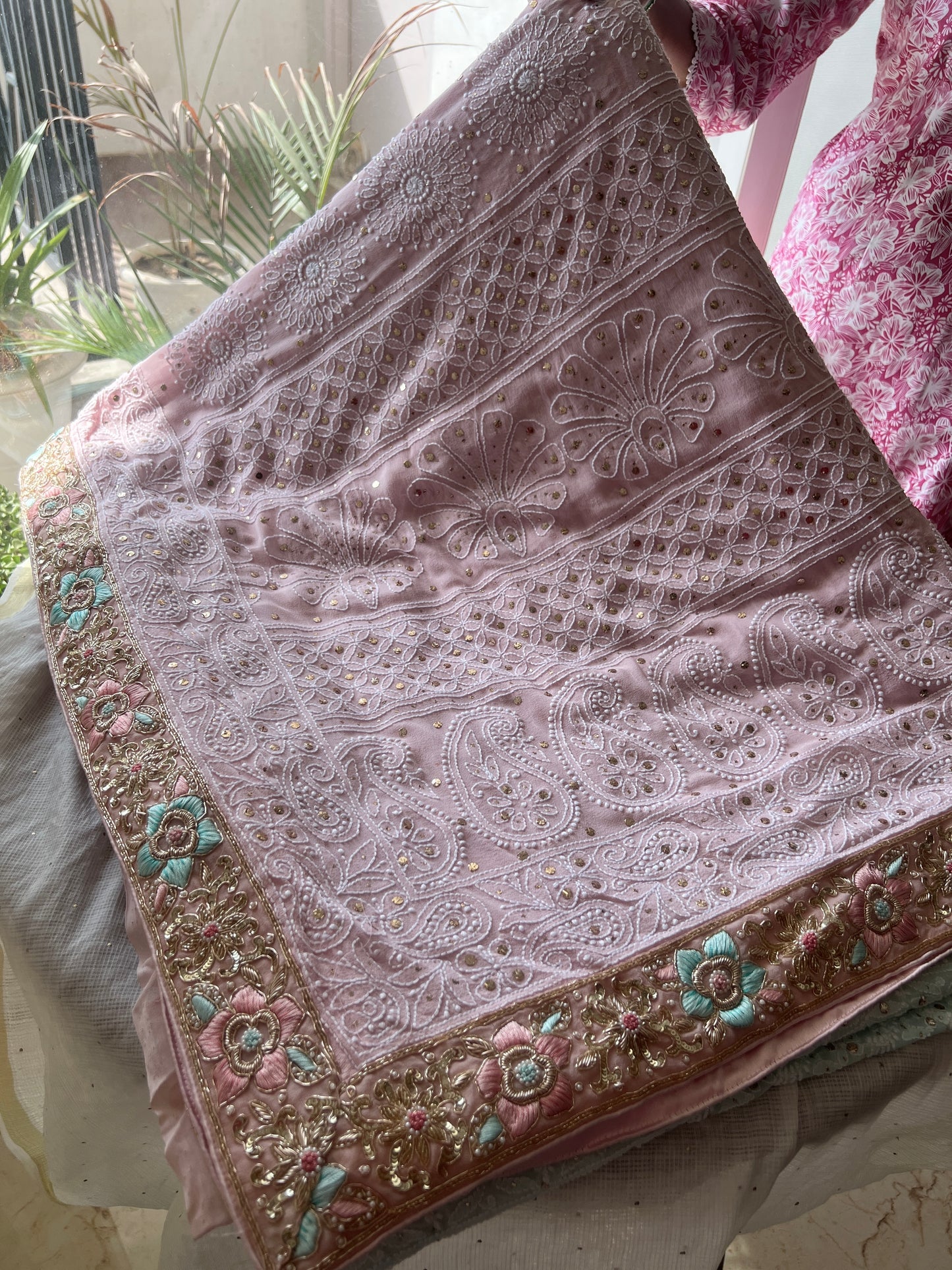 Ruhani Dusty Pink Chikankari and Mukaish Saree with designer border