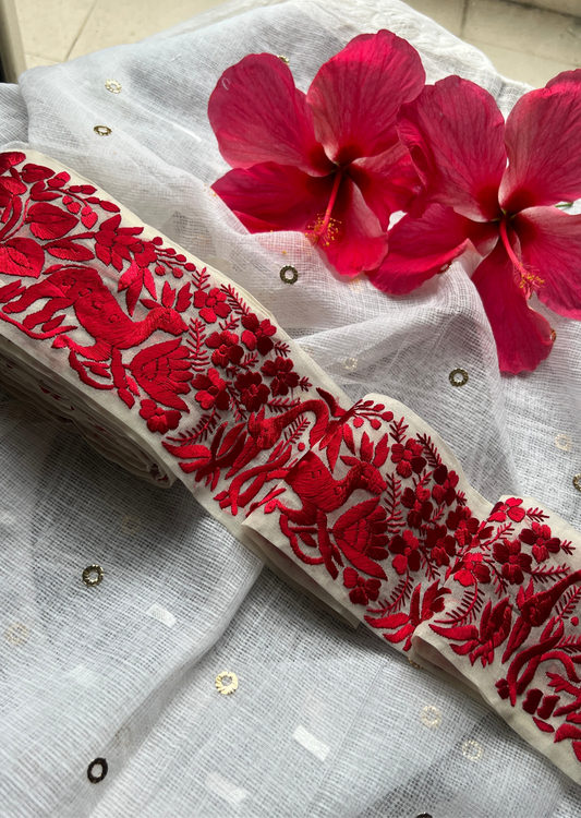 White and red hand embroidered parsi gara border