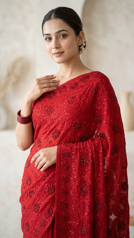 Red Masterpiece Chikankari Cut Dana Sequins Saree