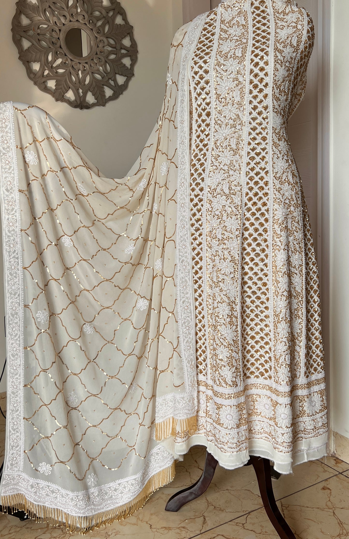 Ruhani Off white Chikankari sequins cut Dana Anarkali