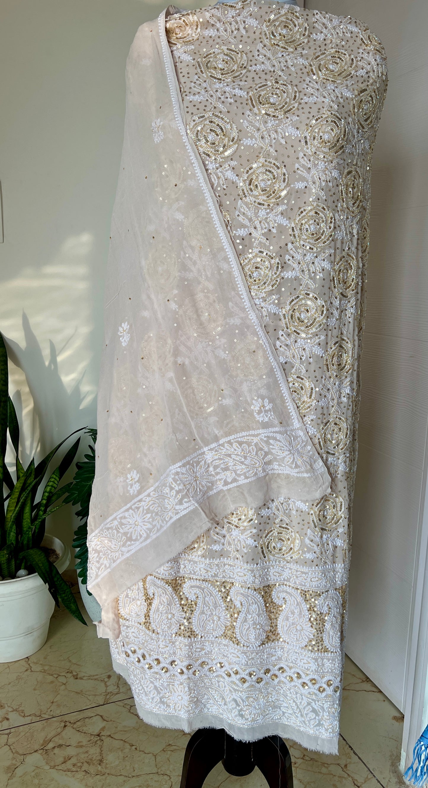 Ruhani Ivory Pink Chikankari golden cut dana sequins kurta and dupatta