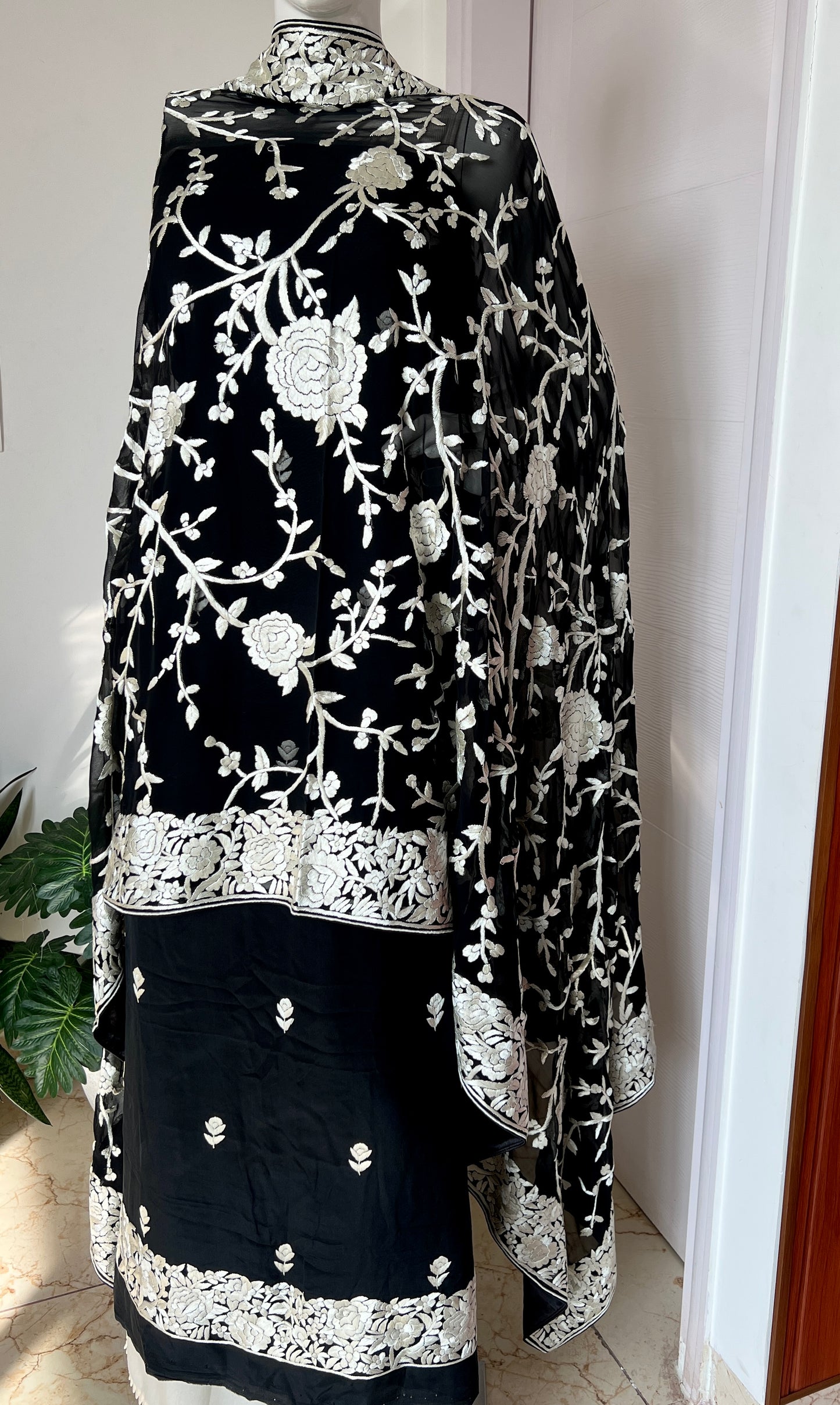Black Masterpiece Hand Embroidered Parsi Gara jaal dupatta with kurta