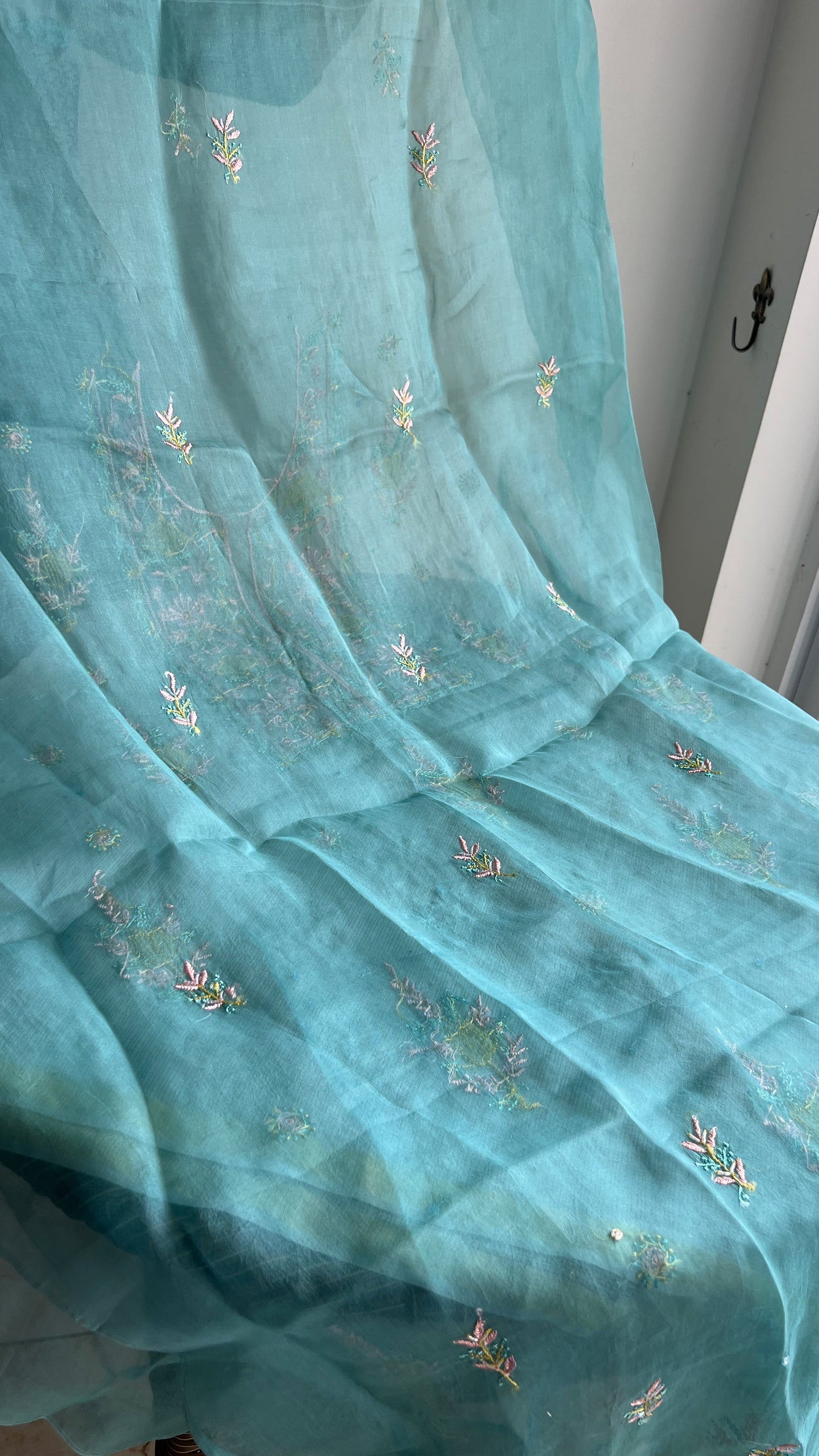 Sage green Resham Chikankari pearl sequins pure Organza kurta with dupatta