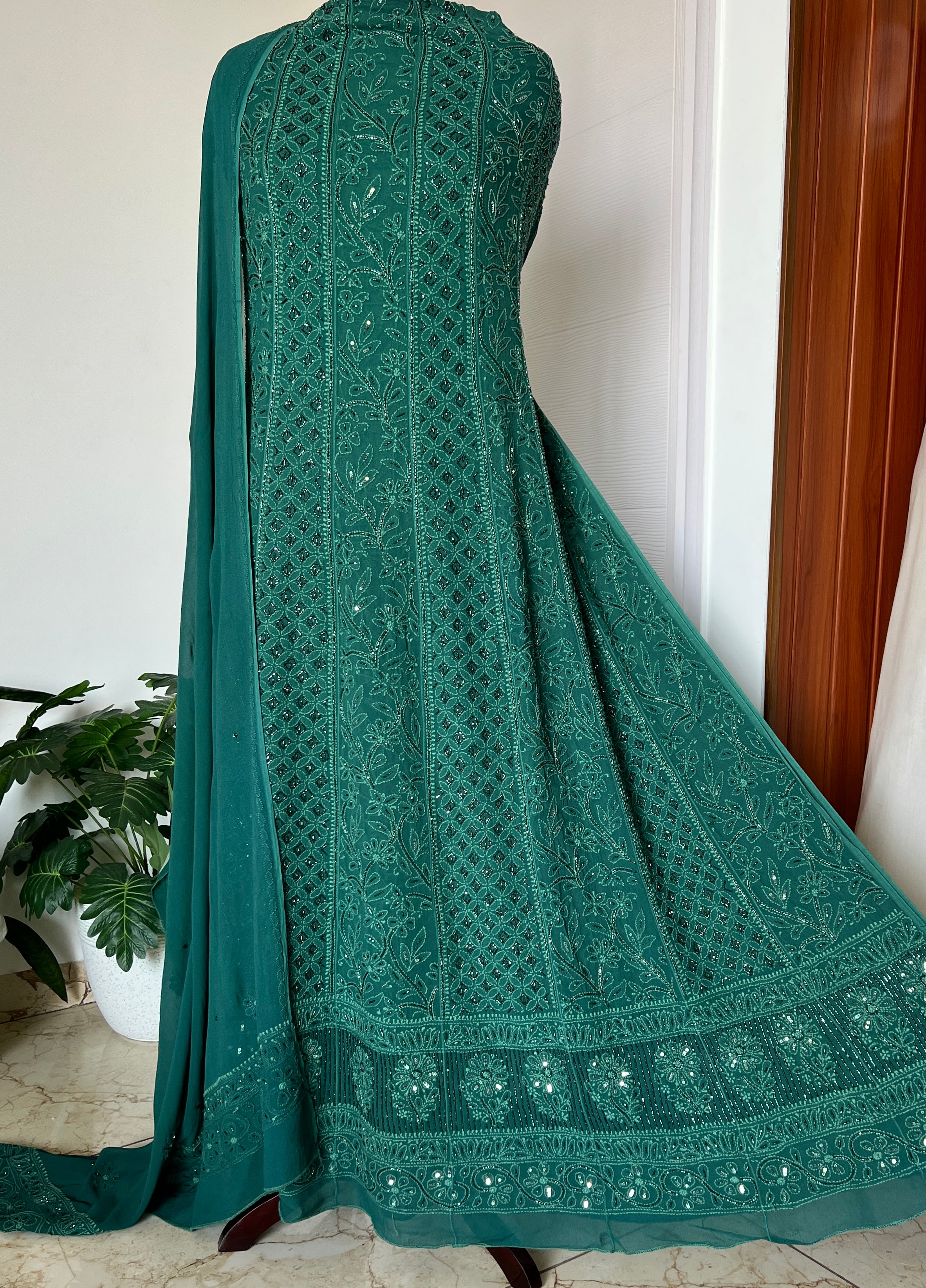 Bottle Green Chikankari Cut Dana and sequins Anarkali with Dupatta Bottle Green Chikankari Cut Dana and sequins Anarkali with Dupatta