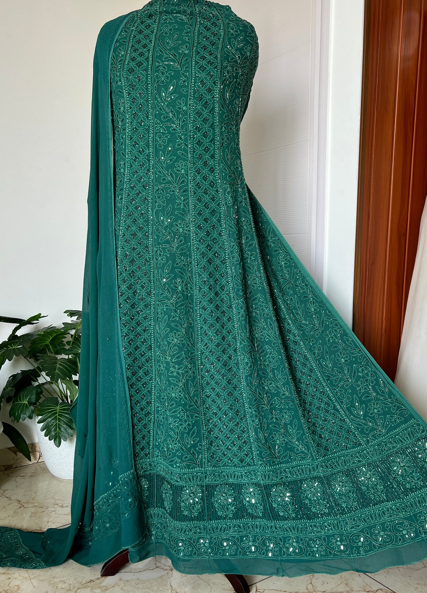 Bottle Green Chikankari Cut Dana and sequins Anarkali with Dupatta
