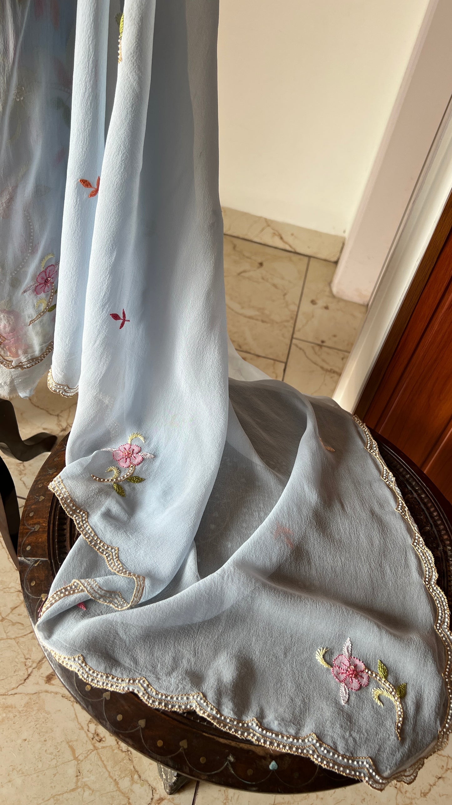 Light Blue Resham Chikankari Parsi Gara and pearl work suit