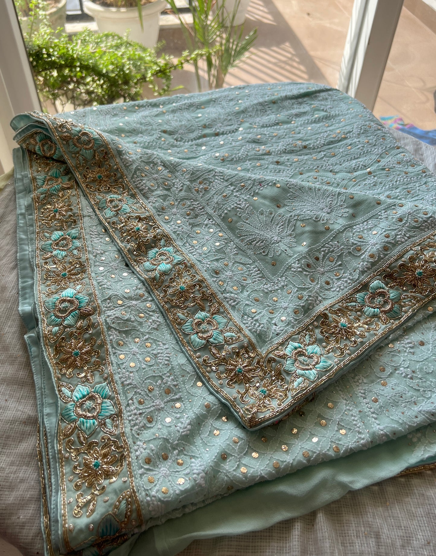 Ruhani Firozi Chikankari and Mukaish Saree with designer border