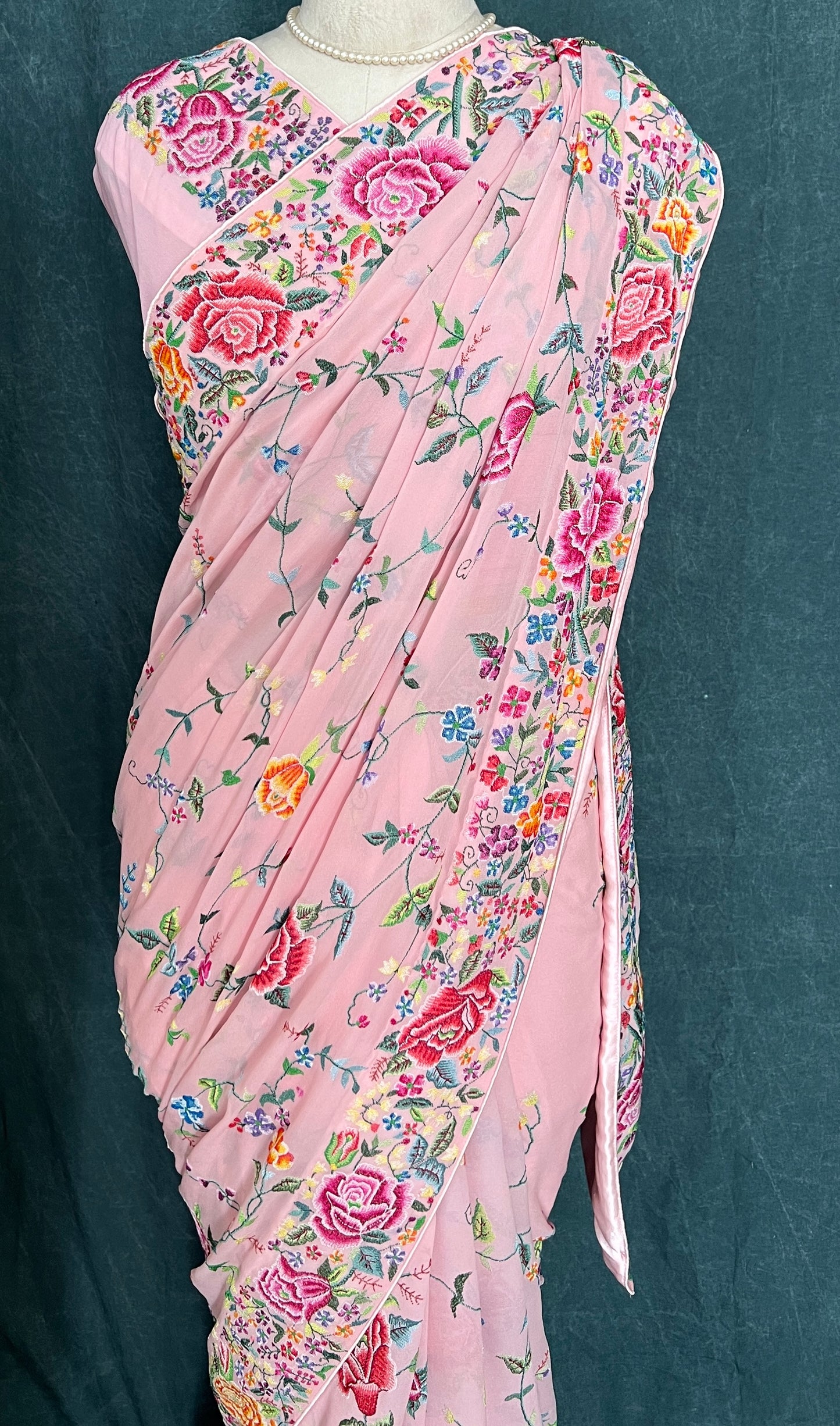 Blush Pink Masterpiece Petit Point Hand Embroidered Saree