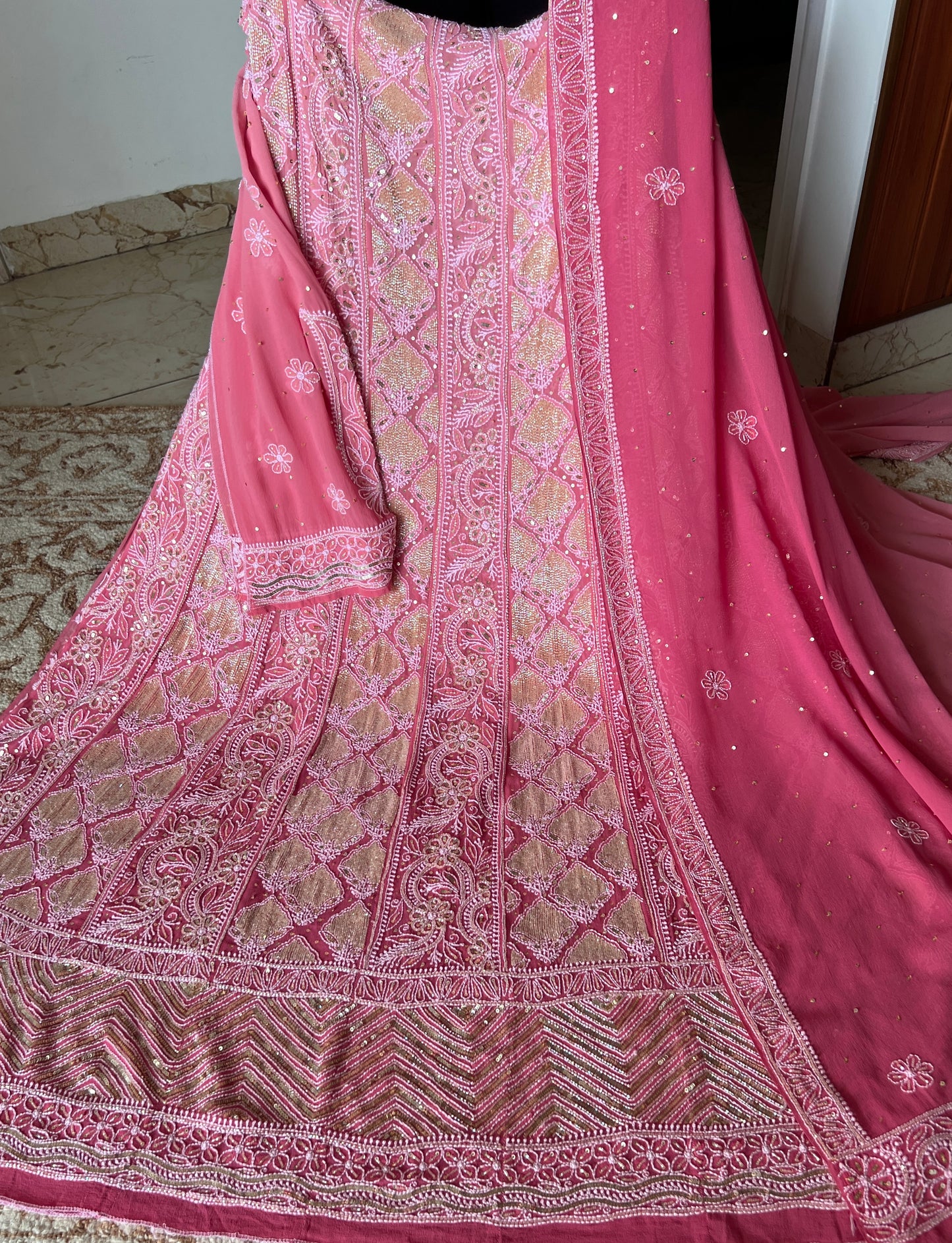 Ruhani Rouge Pink Chikankari Sequins and Cut Dana Anarkali