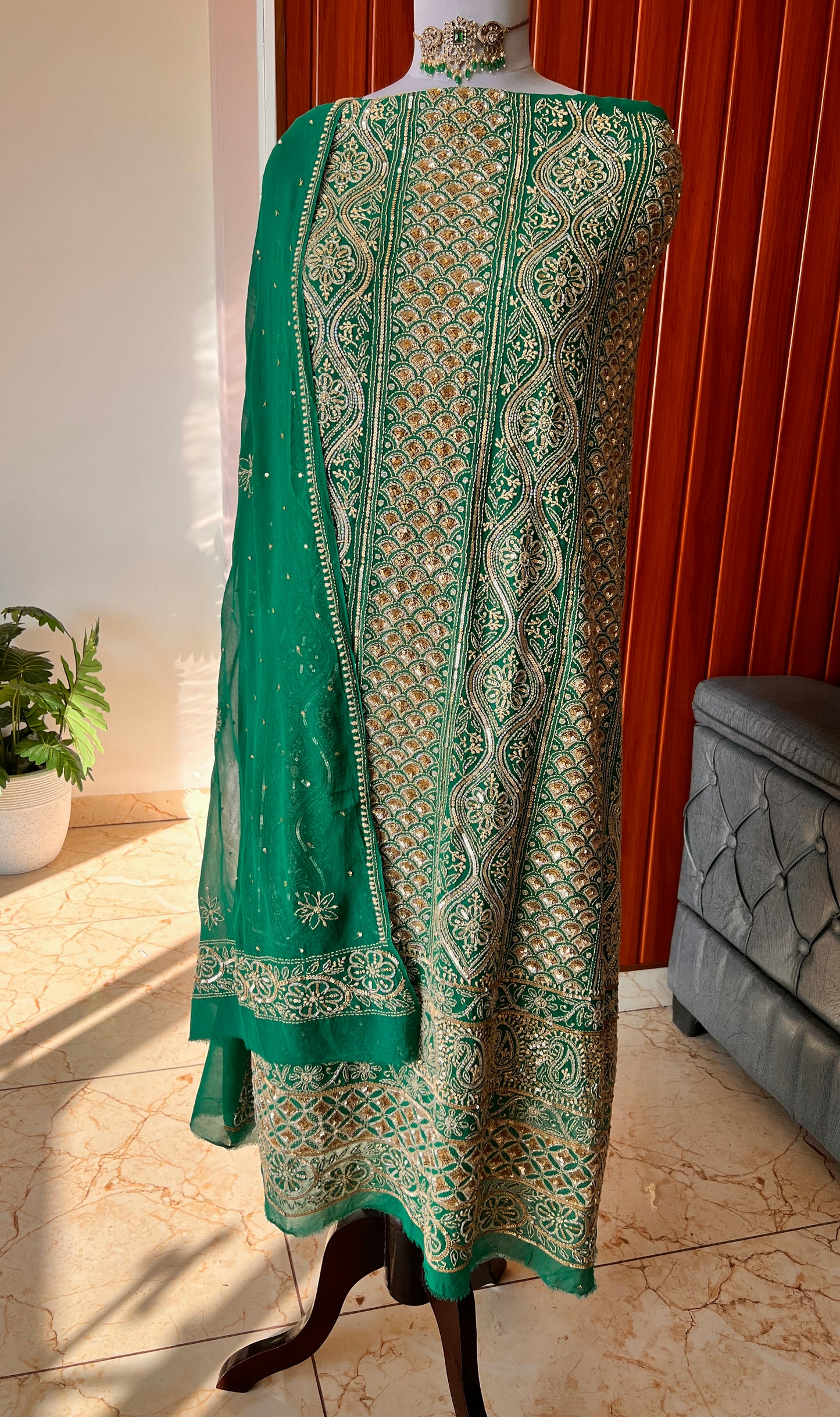 Ruhani Emerald Green Chikankari golden cut dana sequins kurta and dupatta