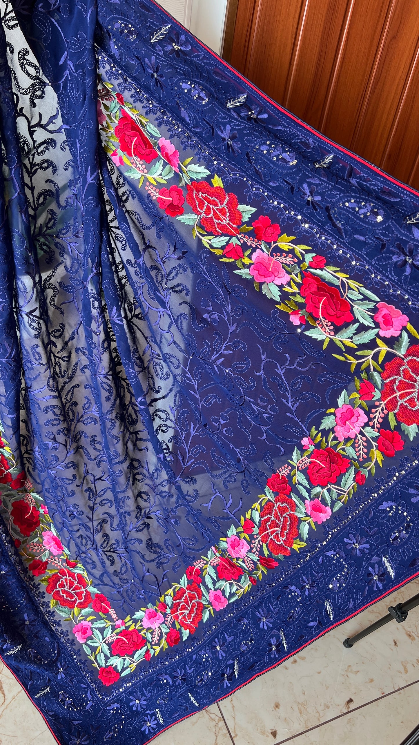 Navy Blue Pure Georgette saree with allover Parsi gara and french knot hand embroidery