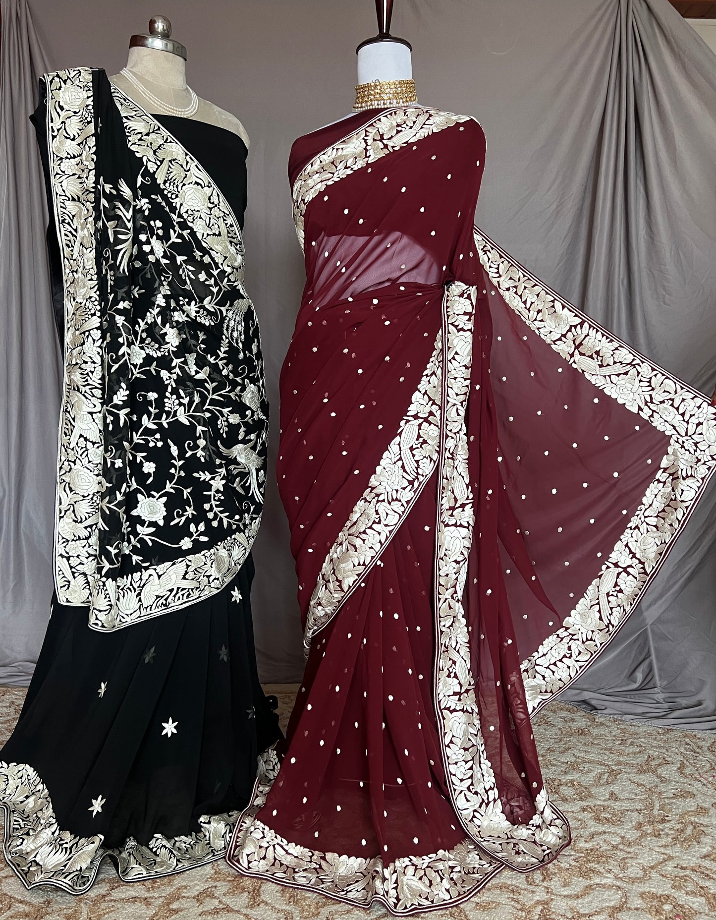 Maroon Pure Georgette Parsi Gara Hand Embroidered Saree