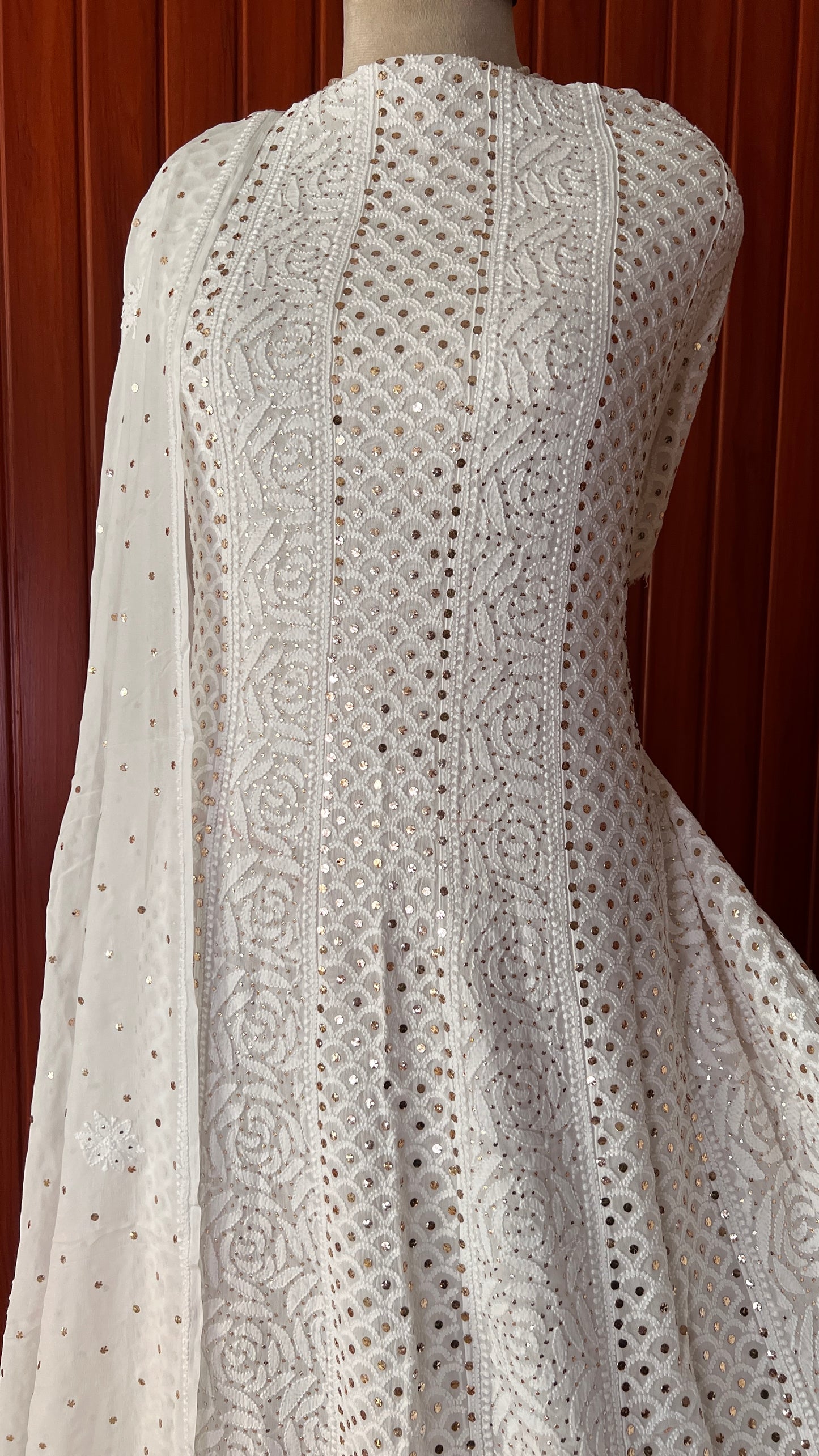 White allover Chikankari and mukaish anarkali with dupatta