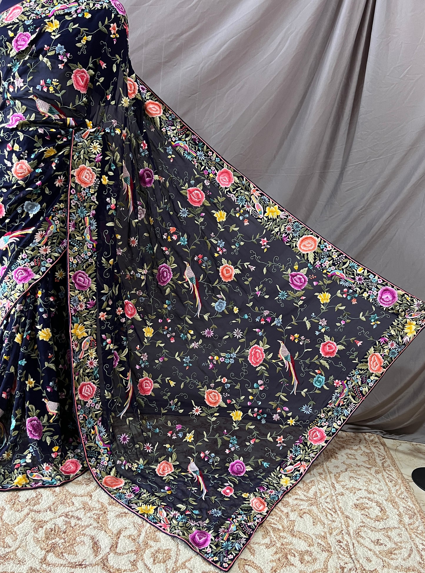 Midnight Blue Masterpiece Parsi Gara Pure Georgette Saree
