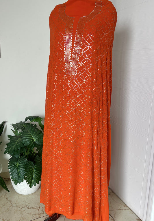 Orange heavy Mukaish Work Kurta and Dupatta Set