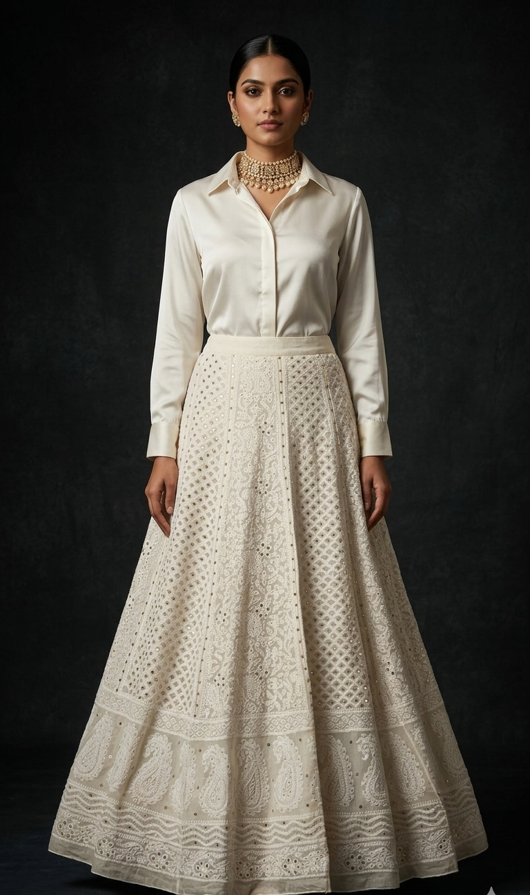 Lehenga Skirt allover Chikankari and mukaish