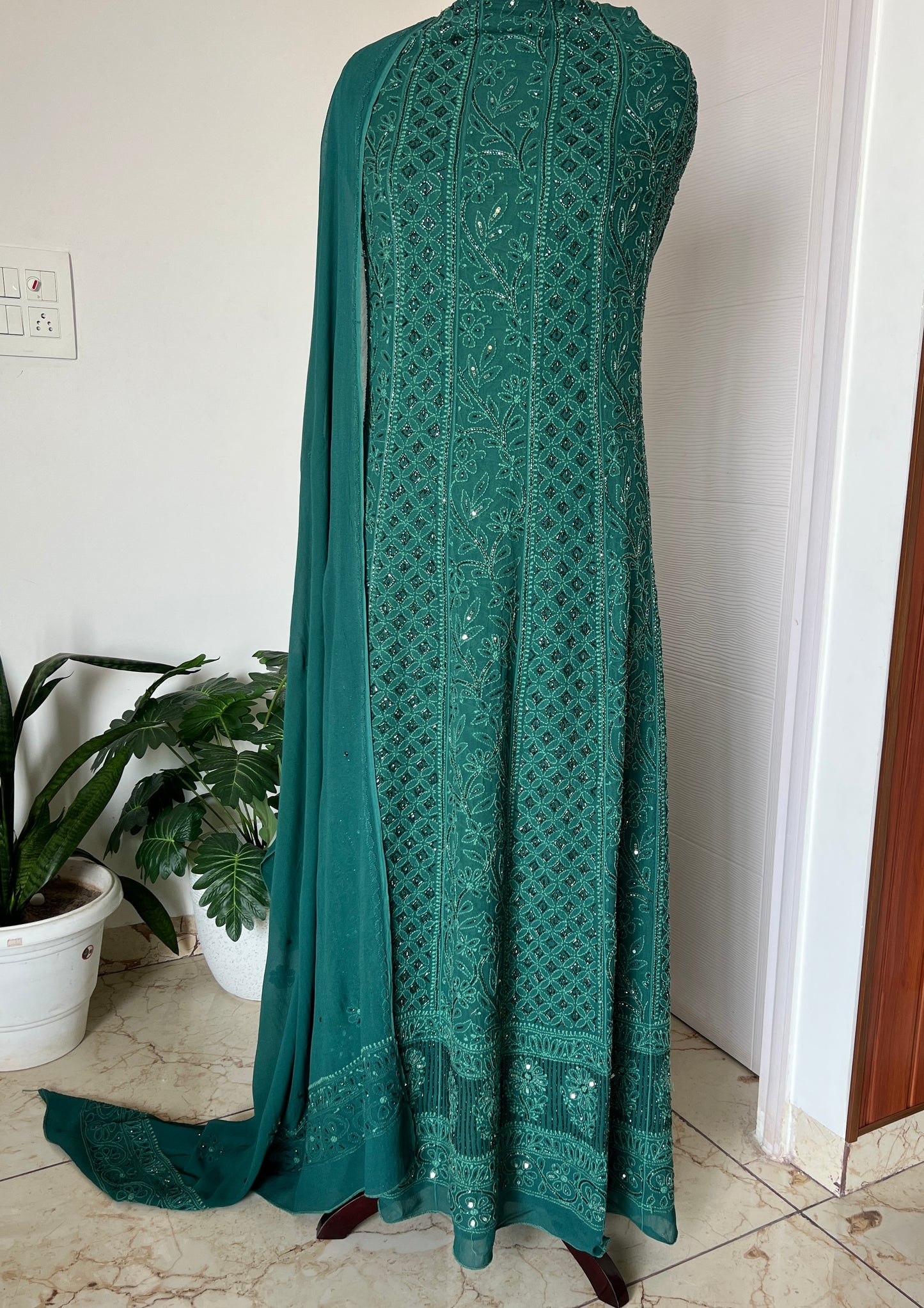Bottle Green Chikankari Cut Dana and sequins Anarkali with Dupatta