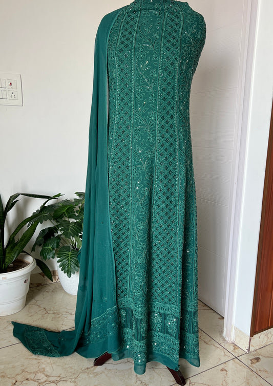 Bottle Green Chikankari Cut Dana and sequins Anarkali with Dupatta