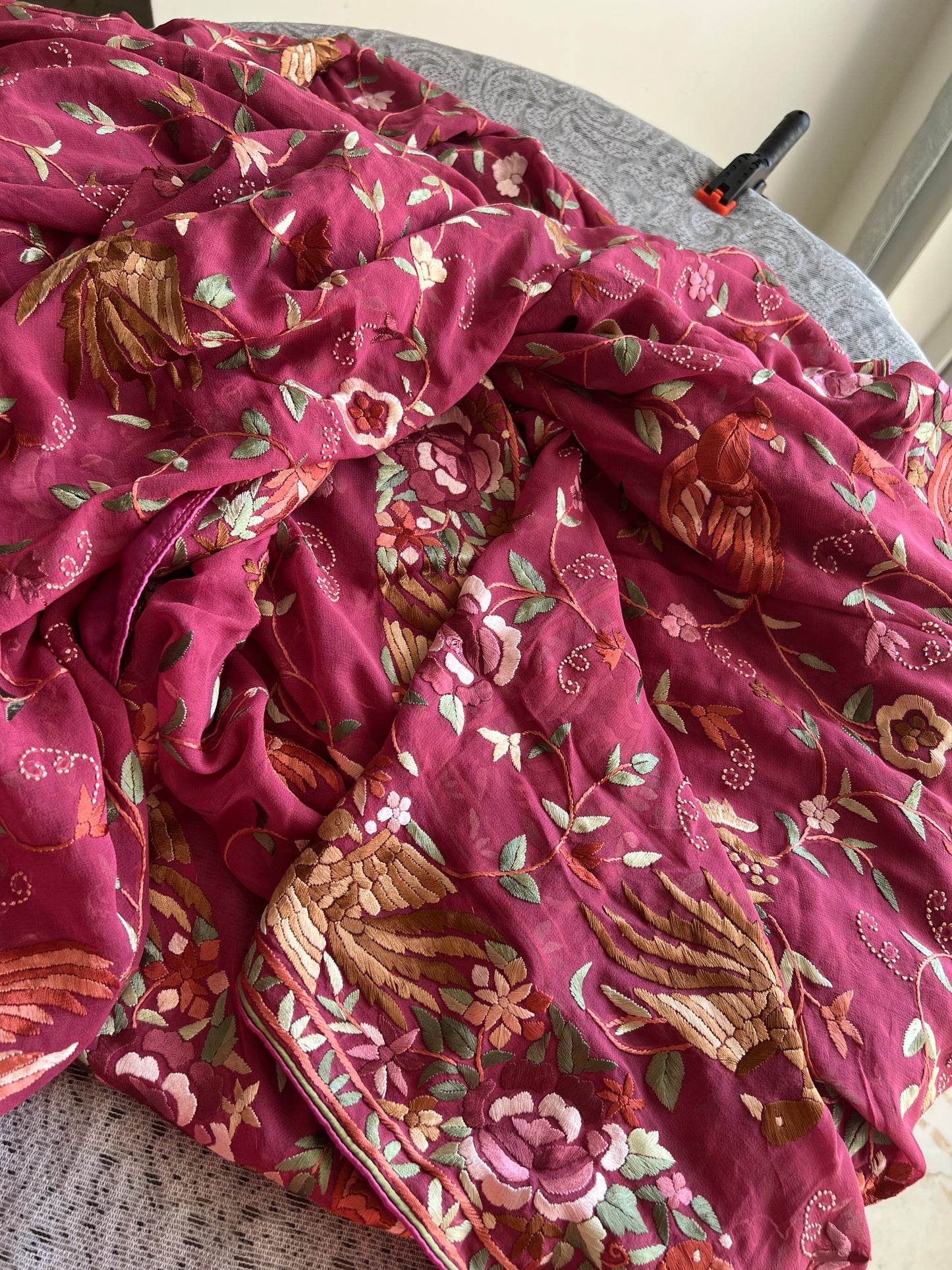 Deep Raspberry Pink Masterpiece Parsi Gara Saree