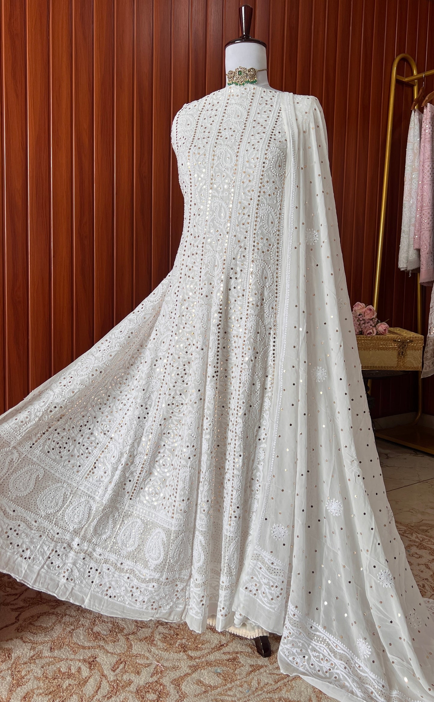 White allover Chikankari and mukaish anarkali with dupatta