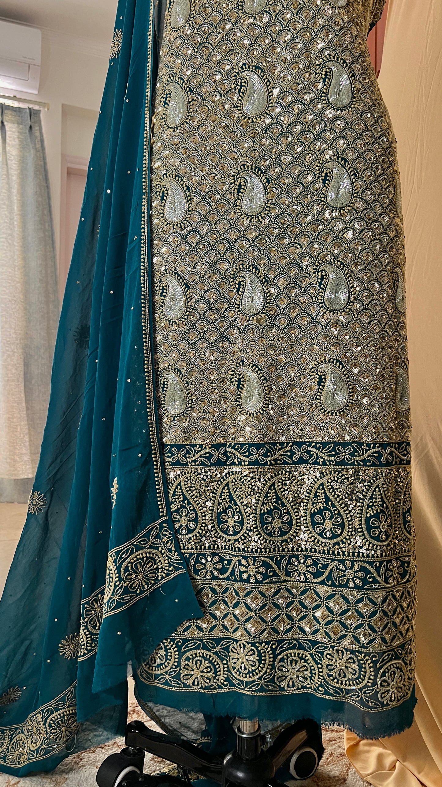Ruhani Teal Chikankari heavy cut dana sequins kurta and dupatta