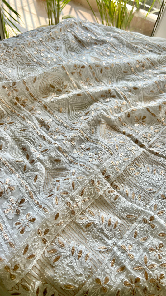 White Chikankari gota patti and pearl work kurta and Dupatta