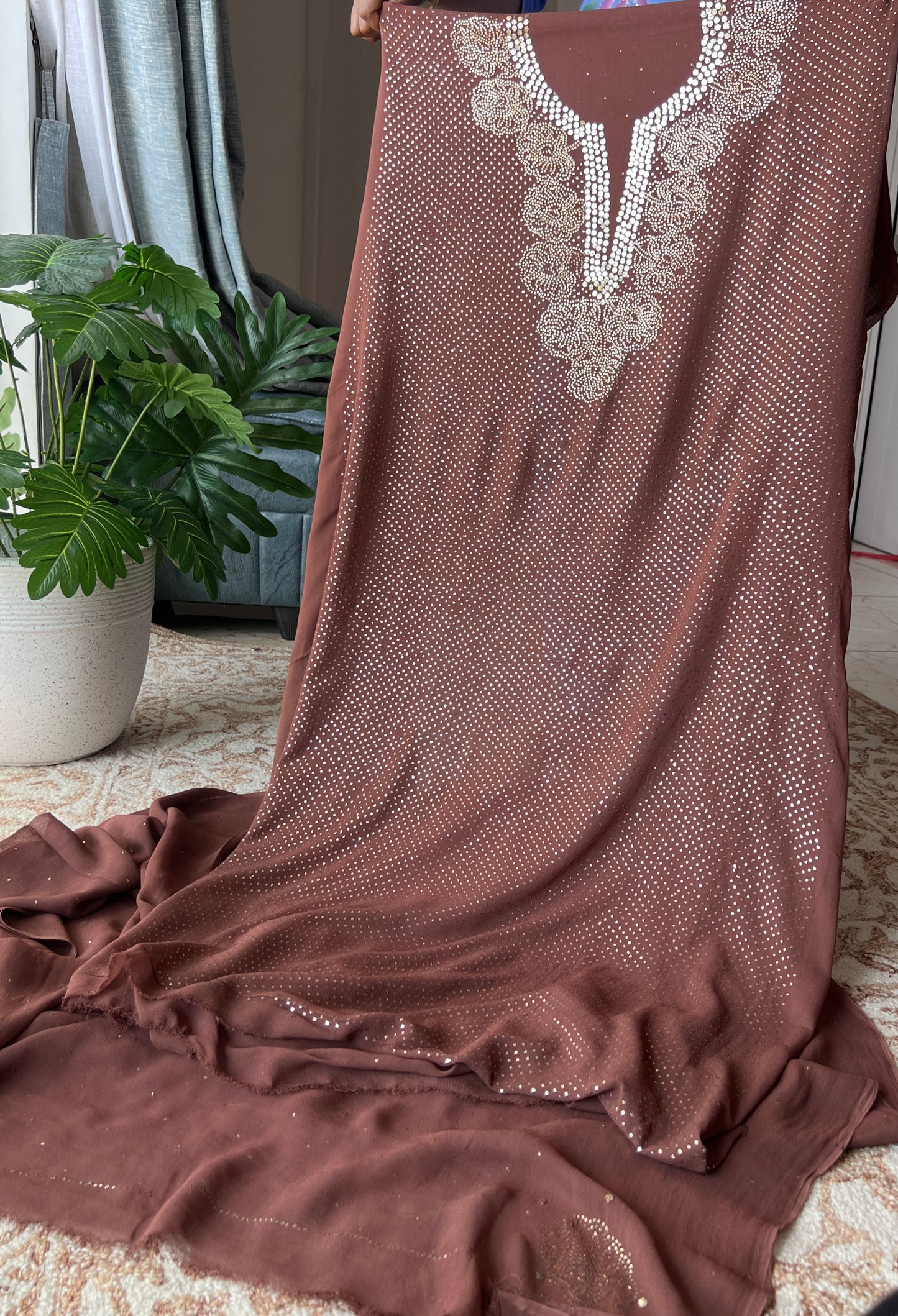 Brown bareek mukaish work Kurta and Dupatta
